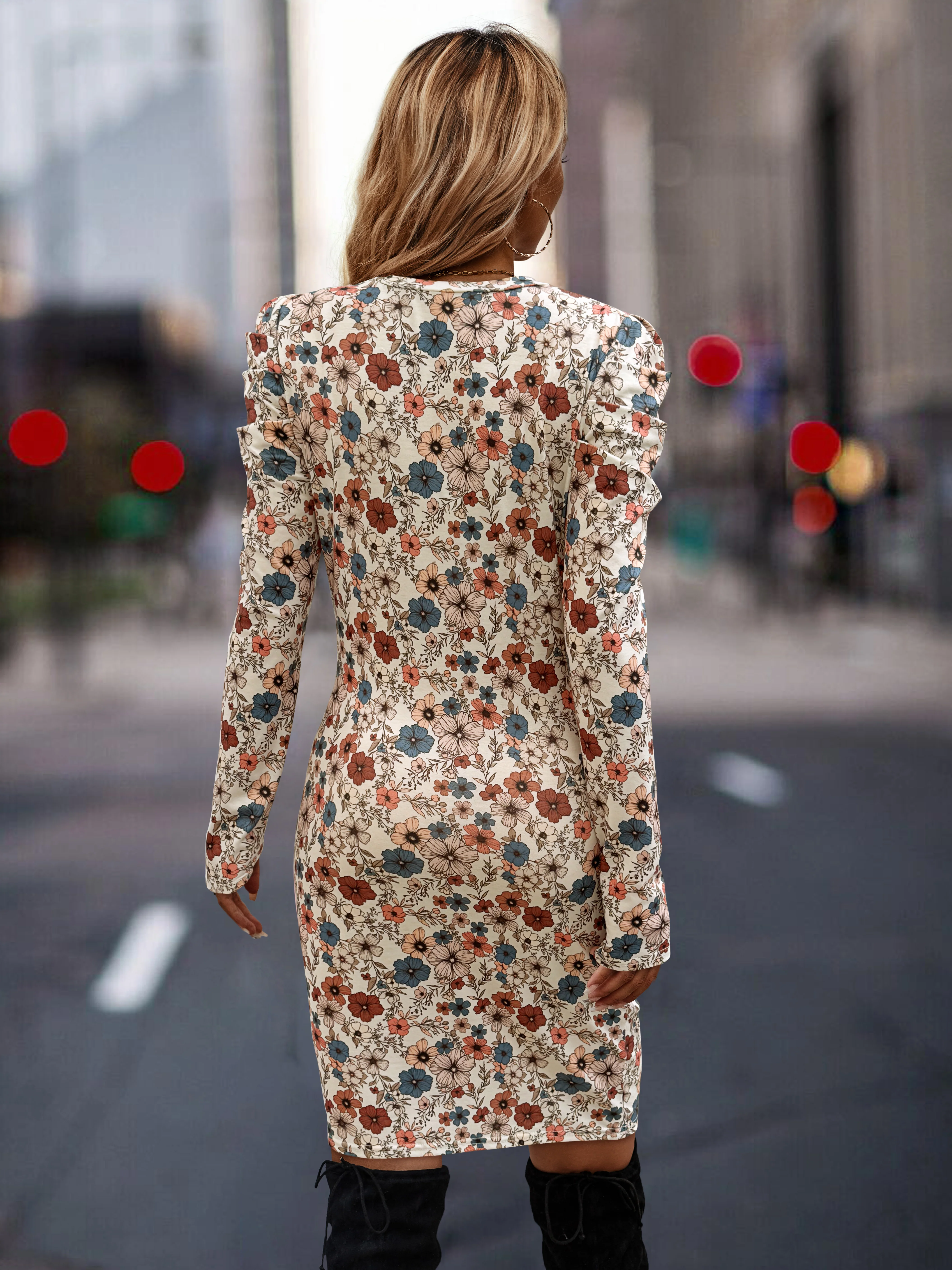 Beige Abstract Printed Bodycon Dress - Image 2