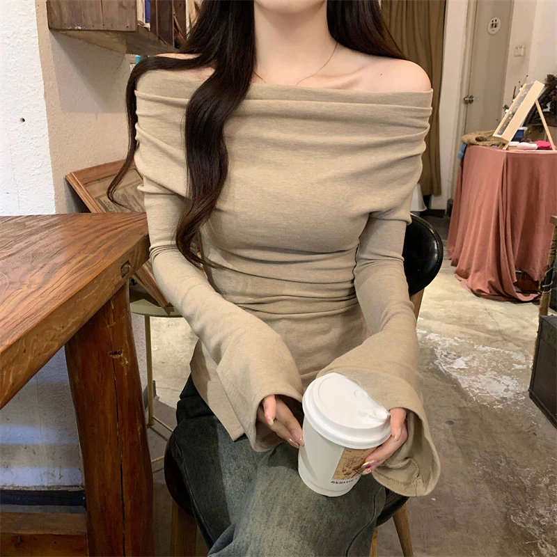 Beige Basic Solid Off-Shoulder Top - Image 2