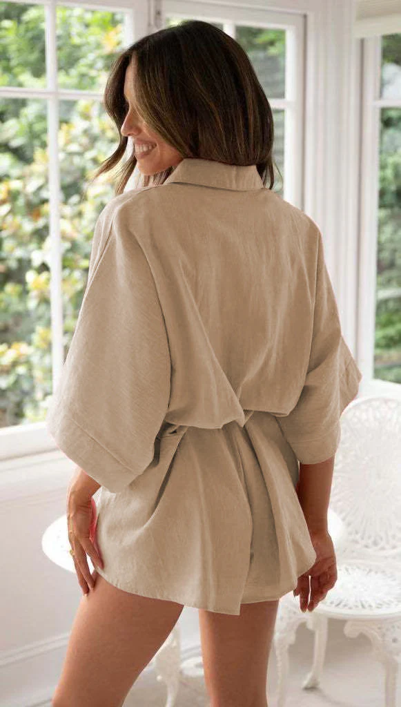 Beige Collared Solid Romper - Image 2
