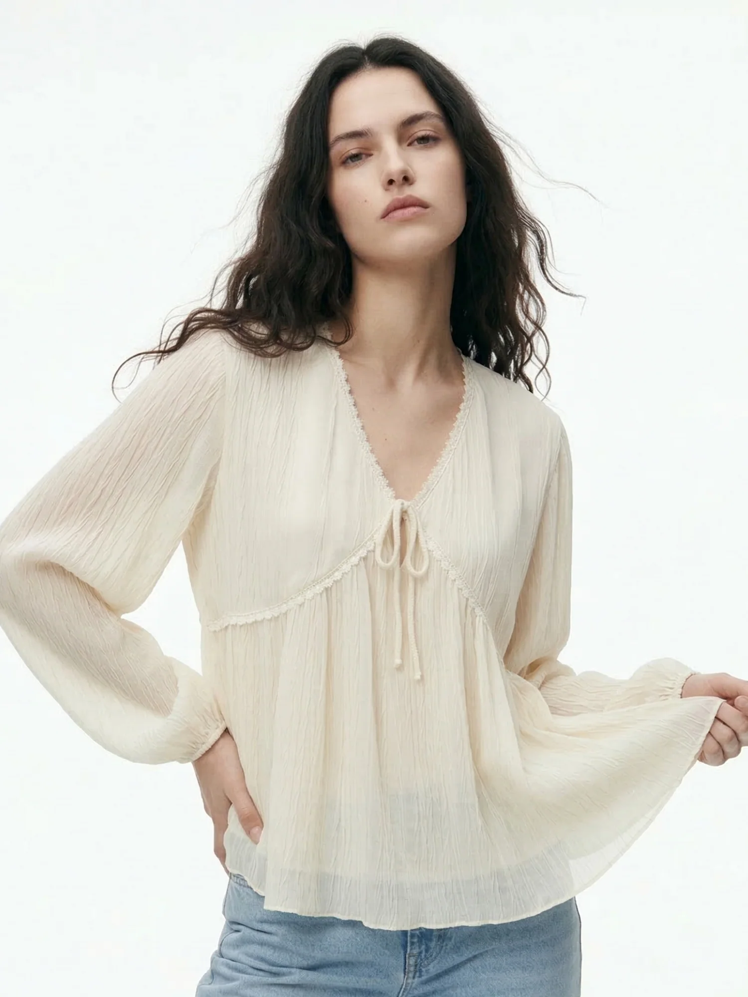 Beige Empire Waist Line Lace Detail Sheer Top - Image 3