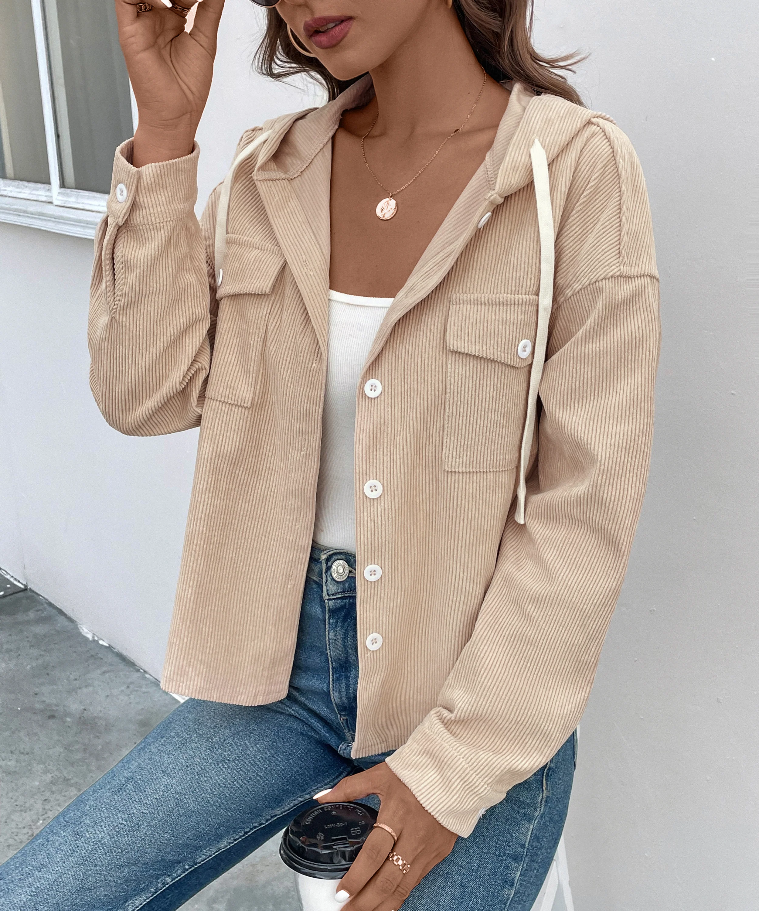 Beige Full Sleeve Corduroy Front Buttoned Hooded Jacket