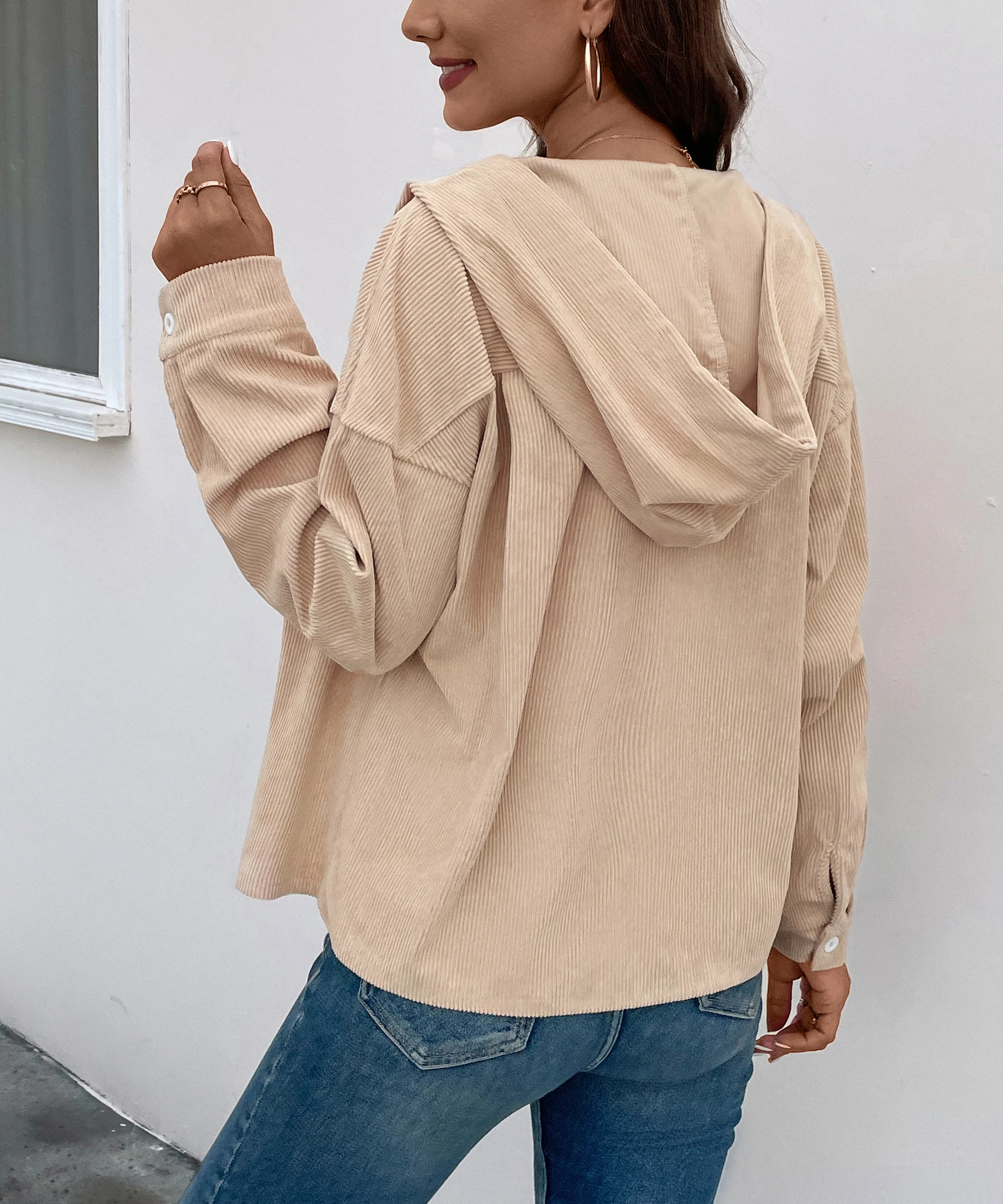 Beige Full Sleeve Corduroy Front Buttoned Hooded Jacket - Image 3