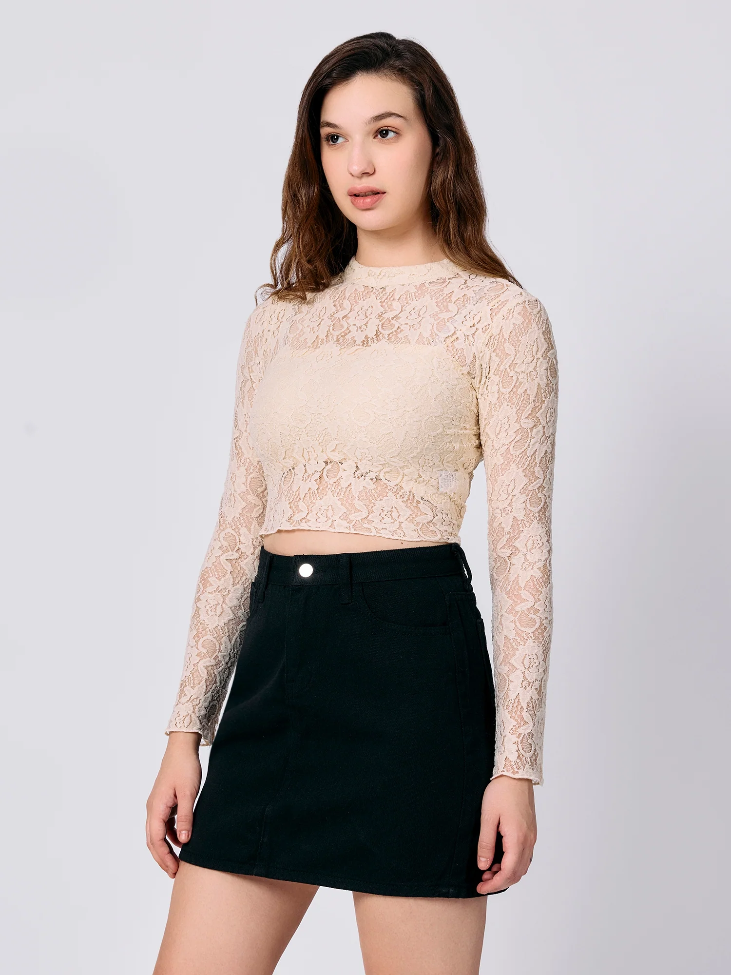 Beige Full Sleeve Fitted Lace Crop Top - Image 3