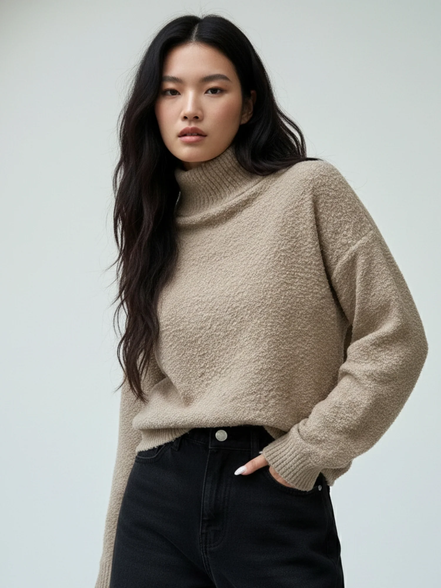 Beige Full Sleeve Mock Neck Sweatshirt - Image 2
