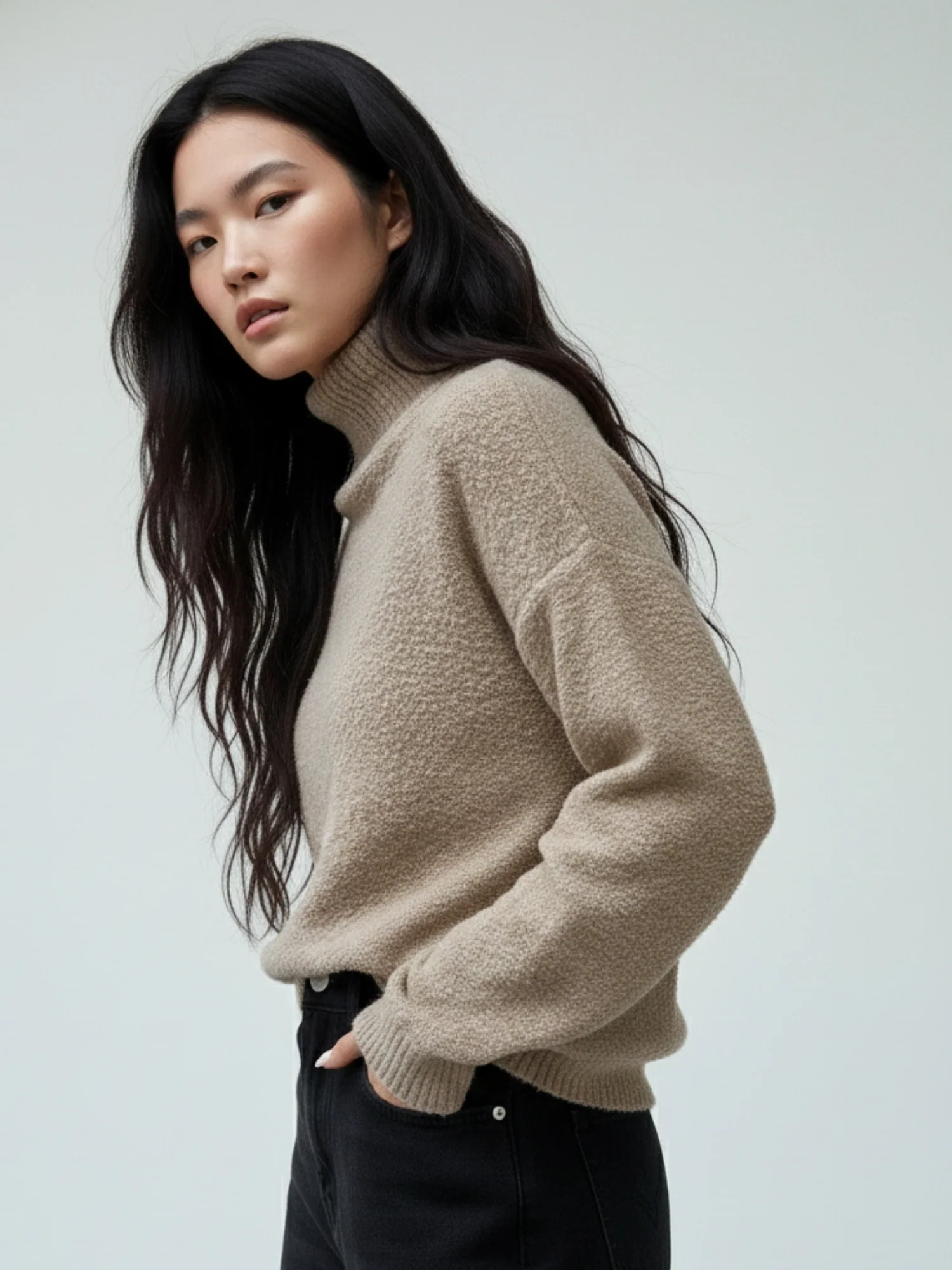 Beige Full Sleeve Mock Neck Sweatshirt - Image 3