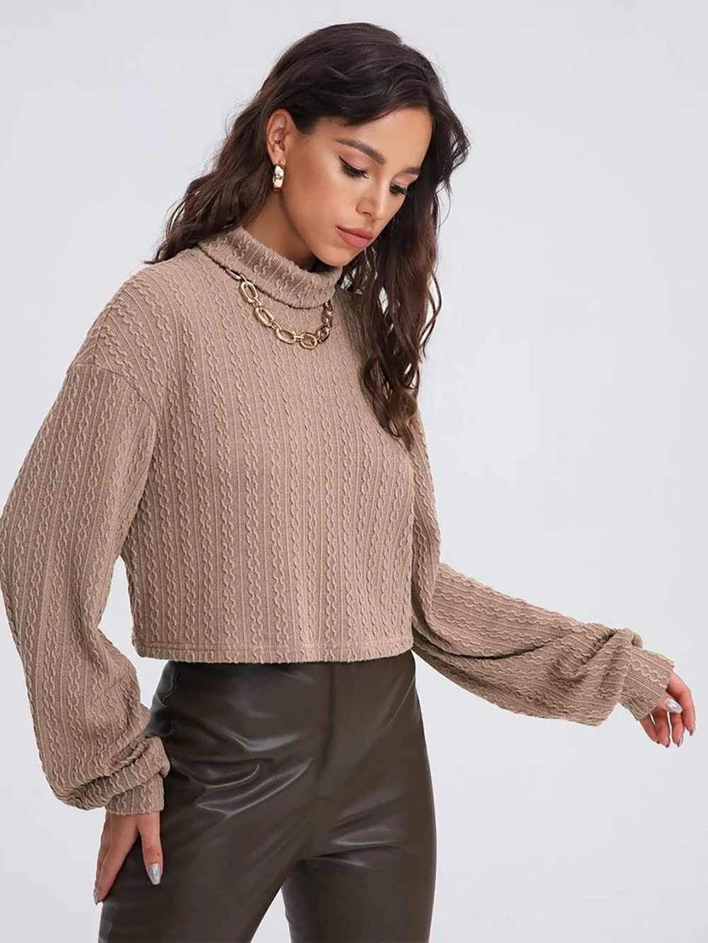 Beige Full Sleeve Mock Neck Textured Sweatshirt - Image 4