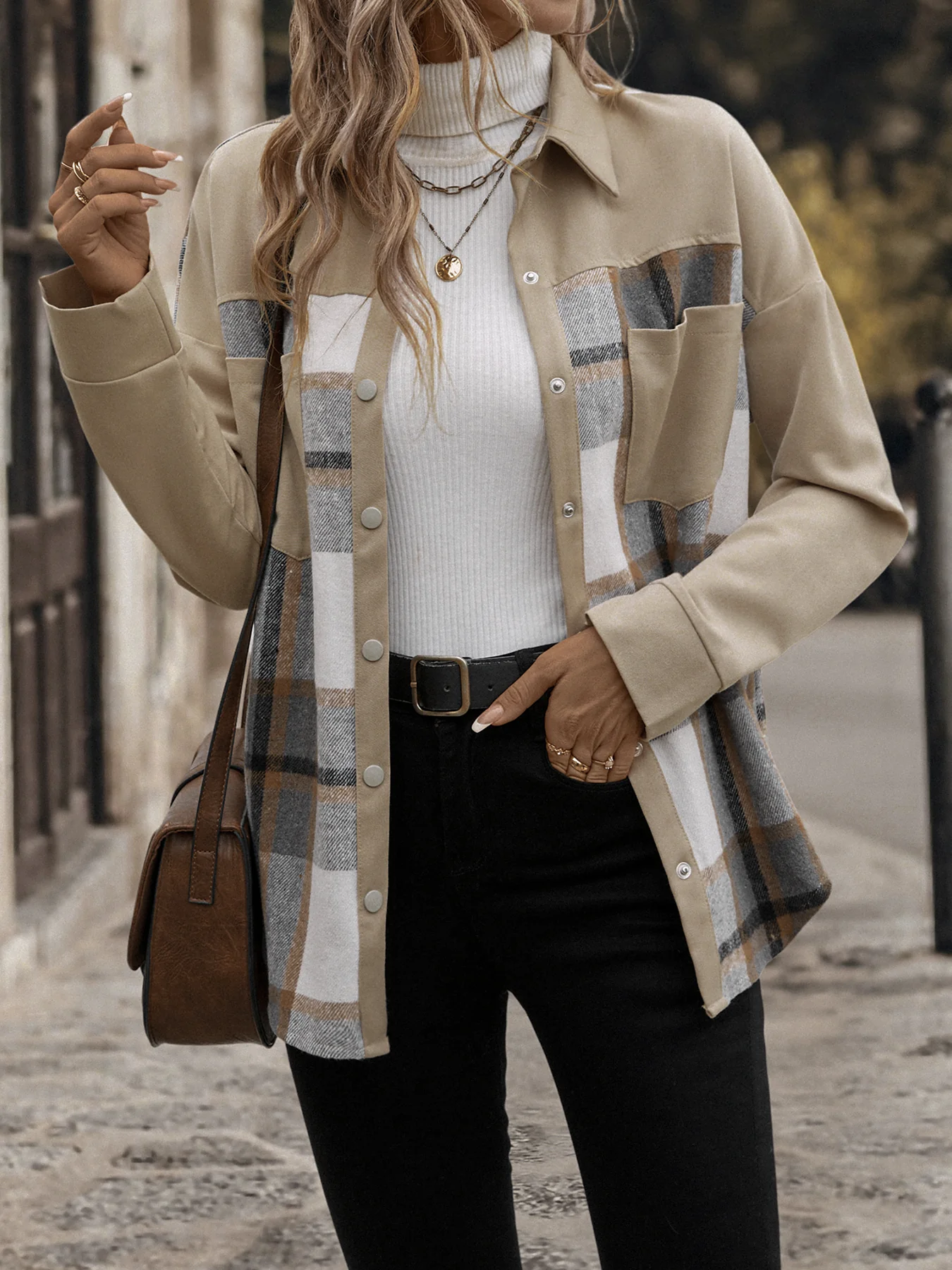 Beige Full Sleeve Plaid Coats - Image 3