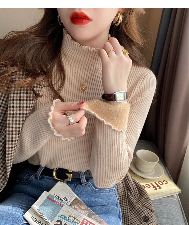 Beige Full Sleeve Scallop Hem Mock Neck Fitted Sweater - Image 2