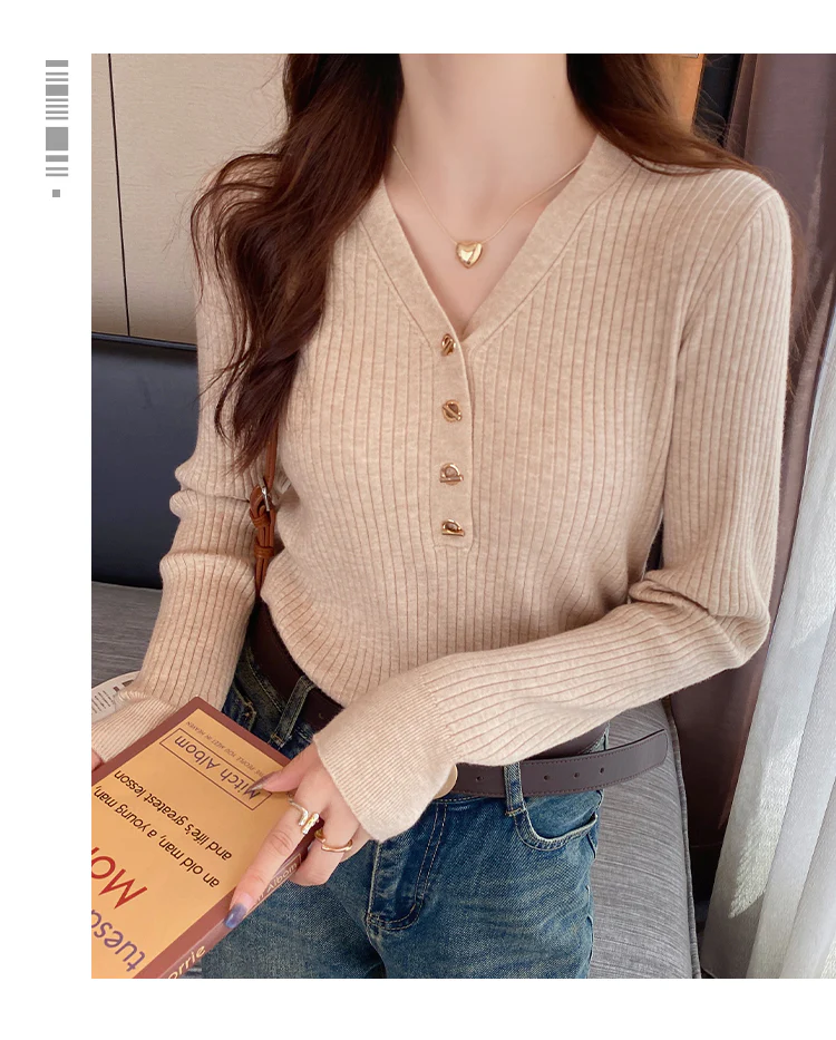 Beige Full Sleeve V Neck Buttoned Fitted Top - Image 2