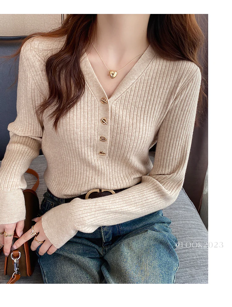 Beige Full Sleeve V Neck Buttoned Fitted Top - Image 5