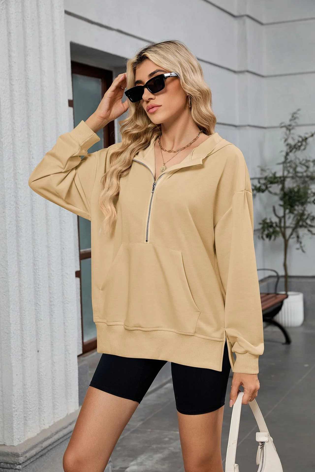 Beige Full Sleeves Half Zip Collared Sweatshirt - Image 2