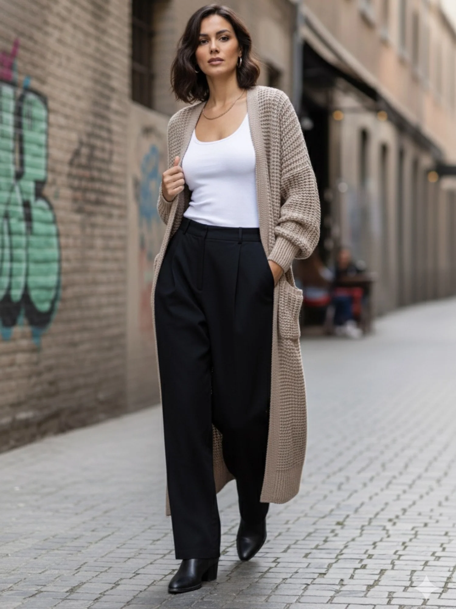 Beige Full Sleeves Solid Long Cardigan - Image 2