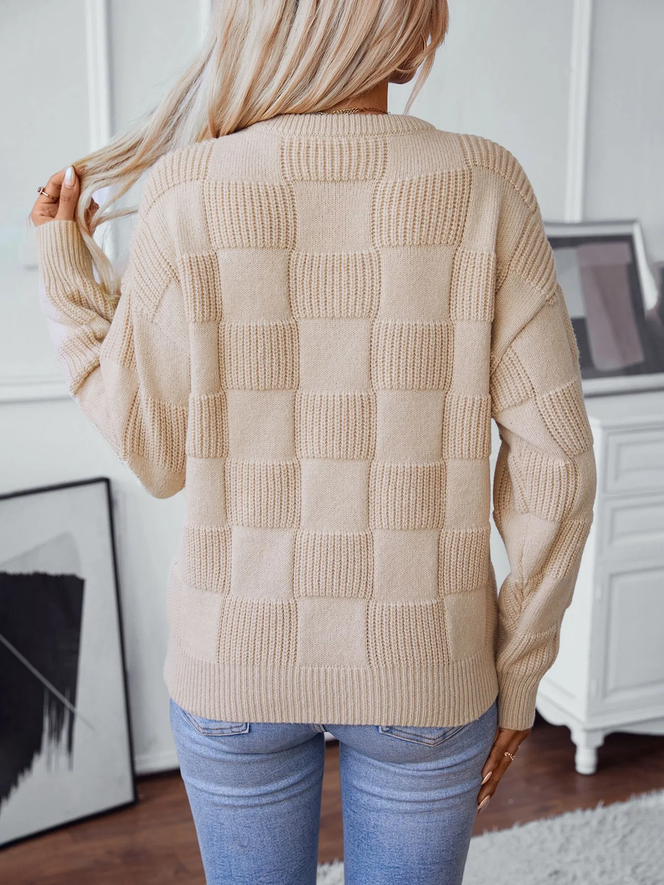 Beige Full Sleeves Textured Sweaters - Image 2