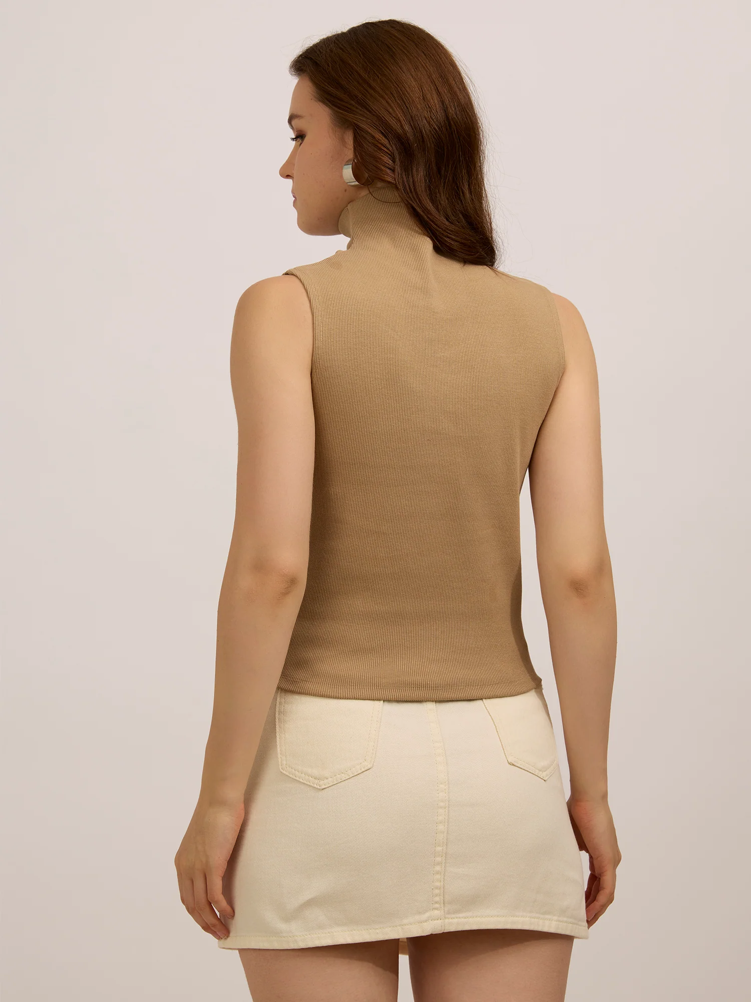 Beige High Neck Solid Ribbed Top - Image 2