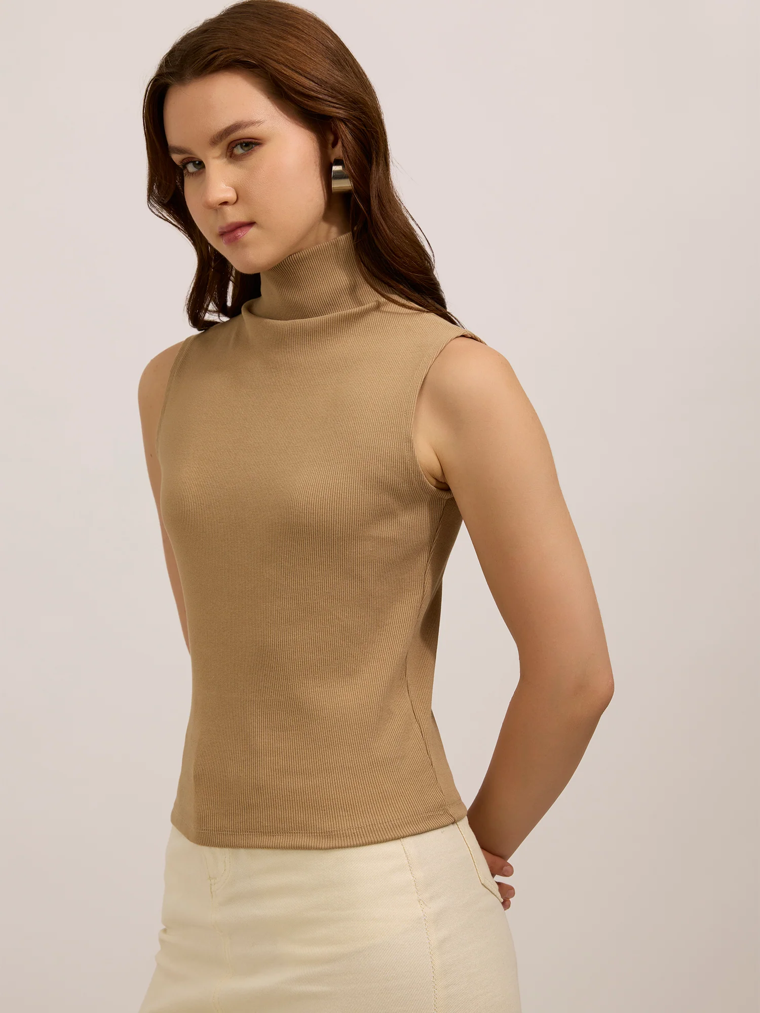 Beige High Neck Solid Ribbed Top - Image 3