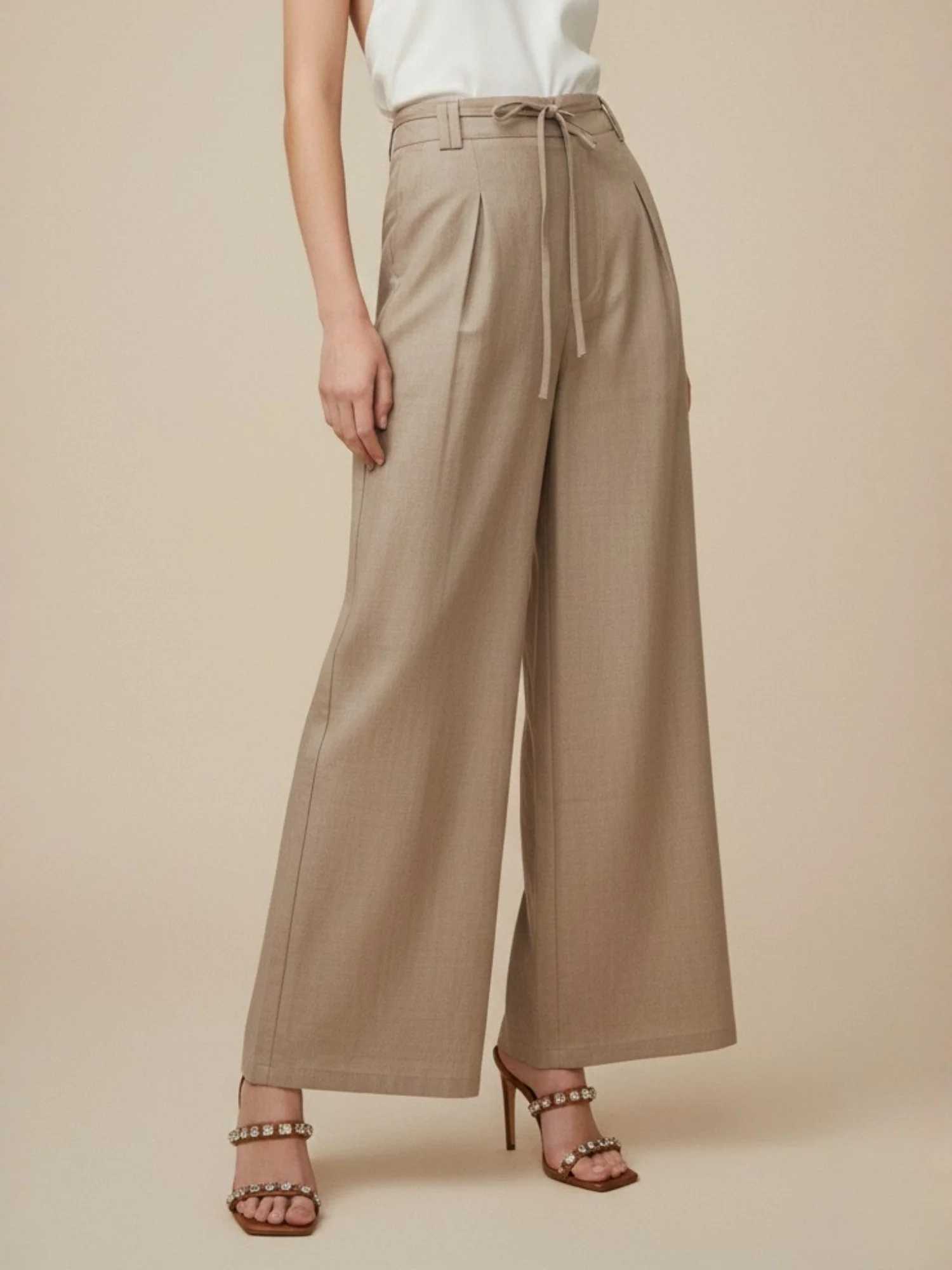 Beige High Waist Front Pleated Pant - Image 2