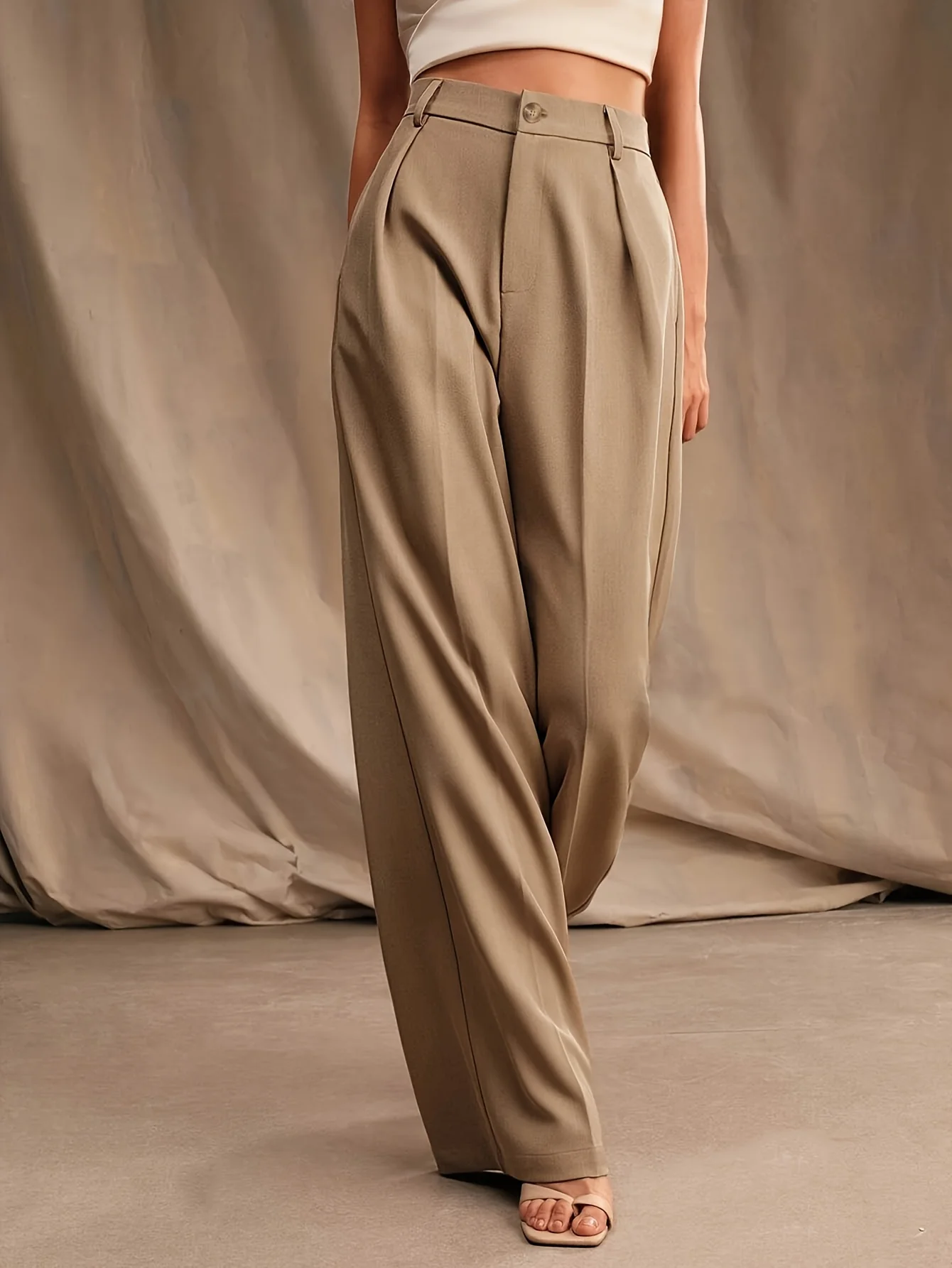 Beige High Waist Wide Leg Trouser - Image 3
