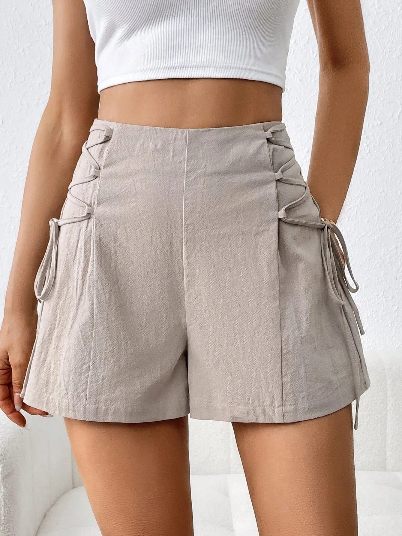 Beige High Waisted Side Gladiator Tie Up Shorts - Image 5