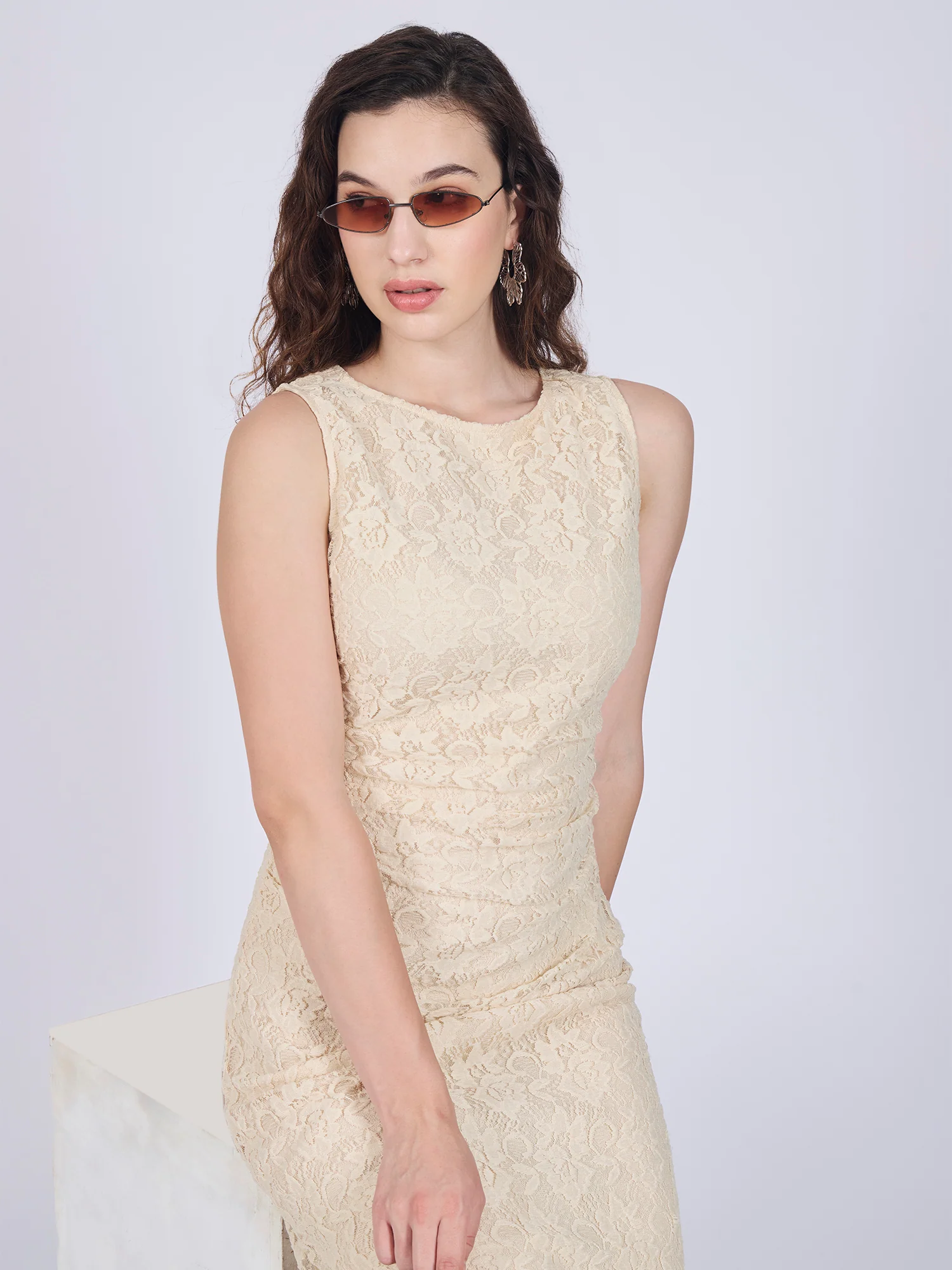 Beige Floral Lace Midi Dress - Image 6