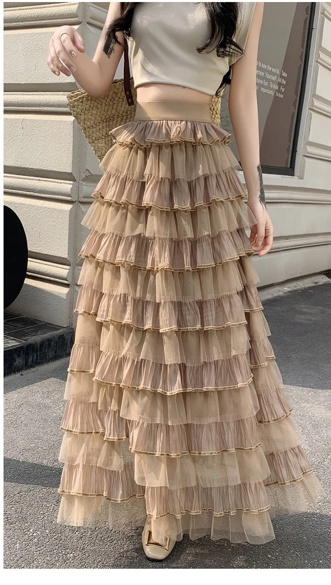 Beige Multi Ruffled Tiered Maxi Skirt
