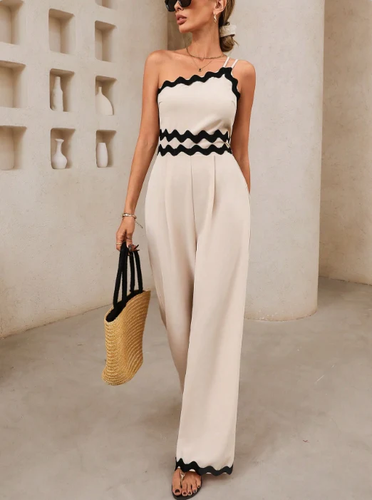 Beige One Shoulder Jumpsuit With Ric Rac Lace Highlighting