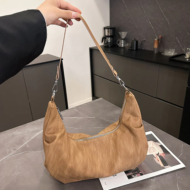 Beige Patterned Crescent Shoulder Bag - Image 2