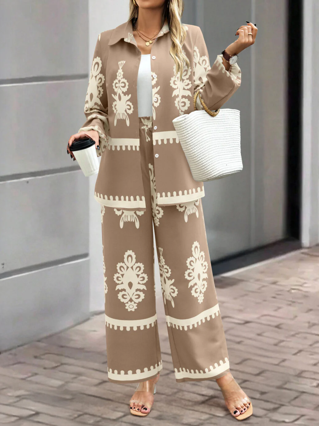 Beige Placement Print Shirt Trouser Coord Set - Image 2