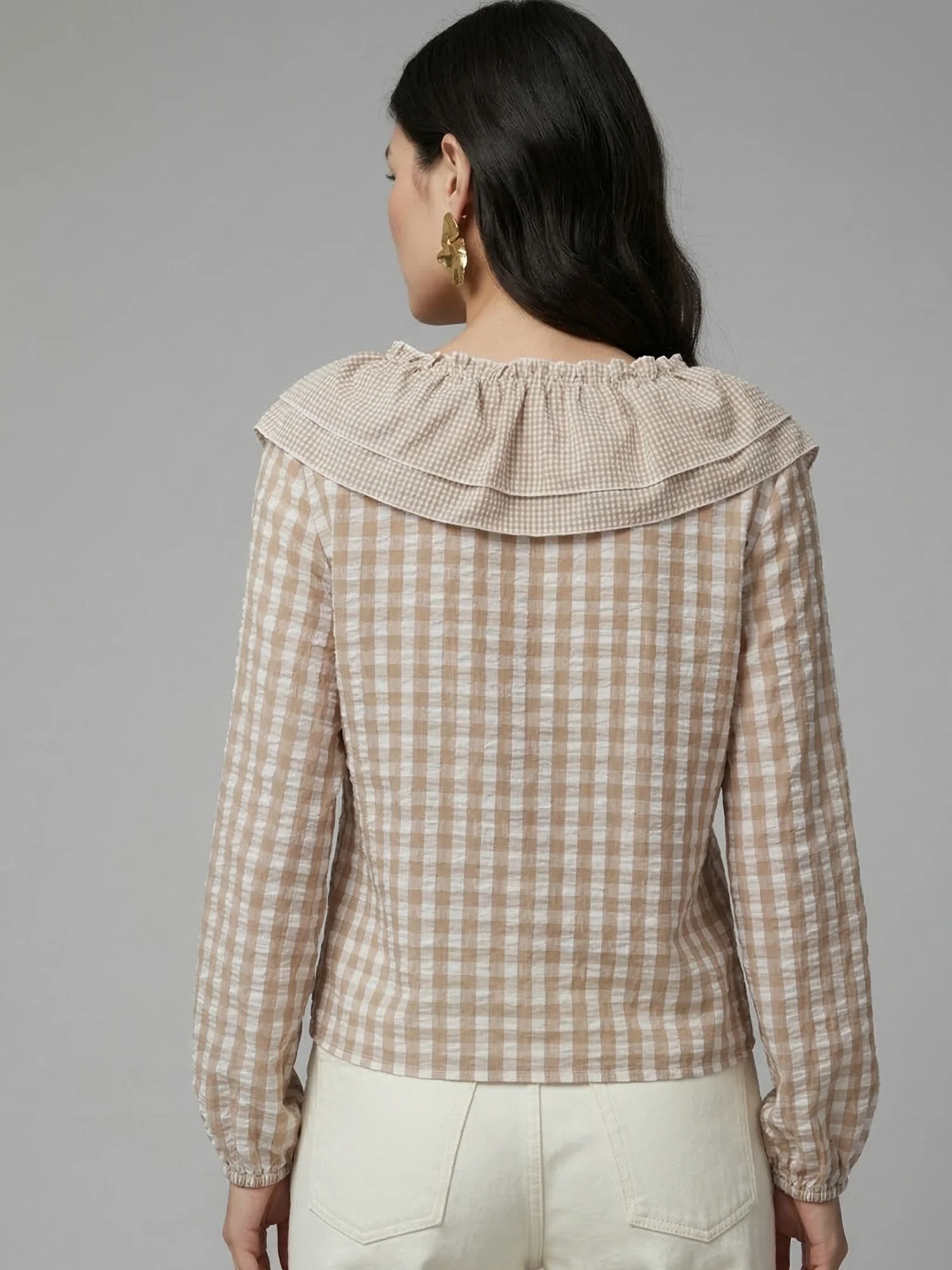 Beige Ruffle Neckline Checkered Blouse - Image 4