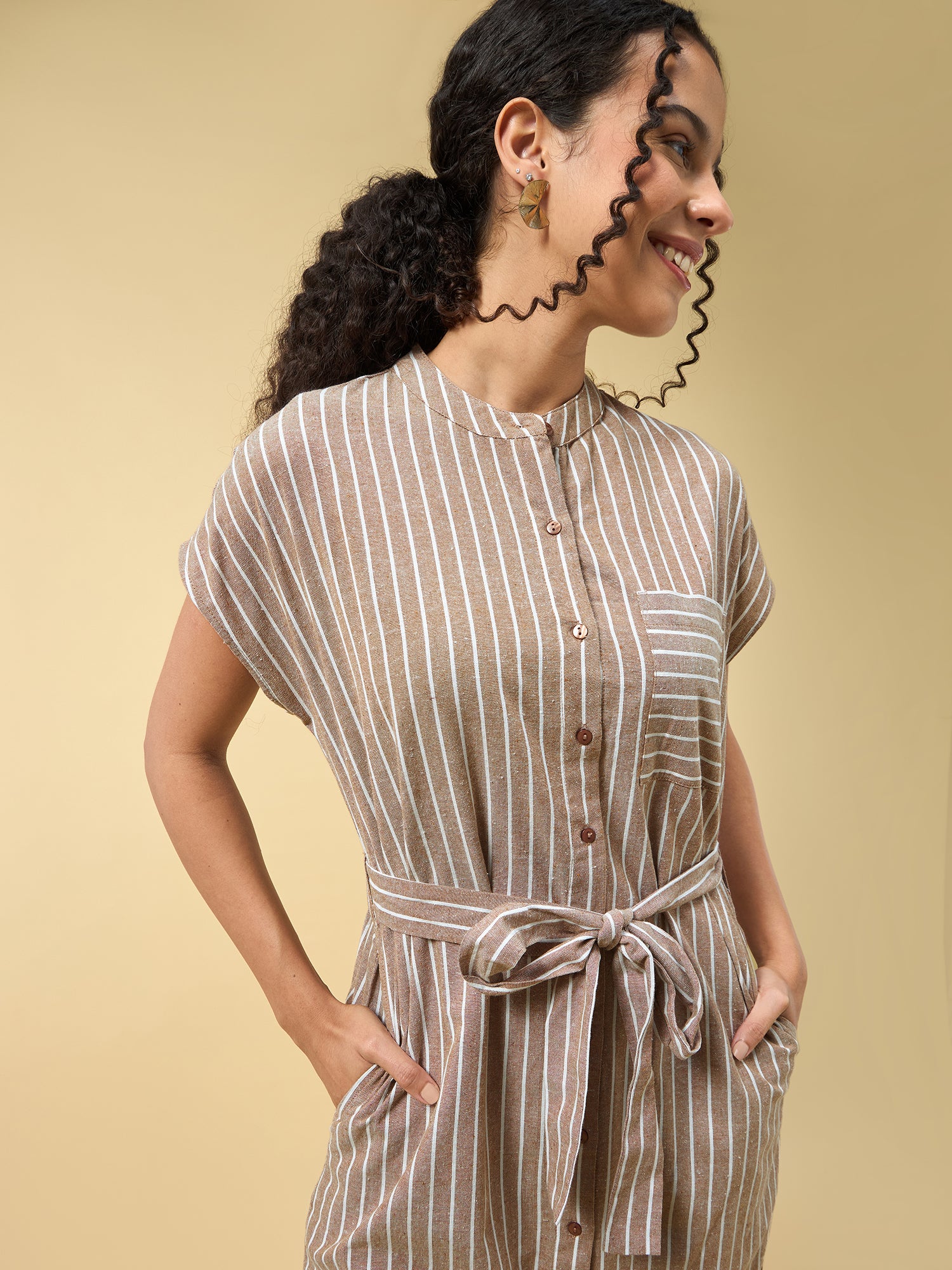 Beige Shirt Dress With Side Slits - Image 3