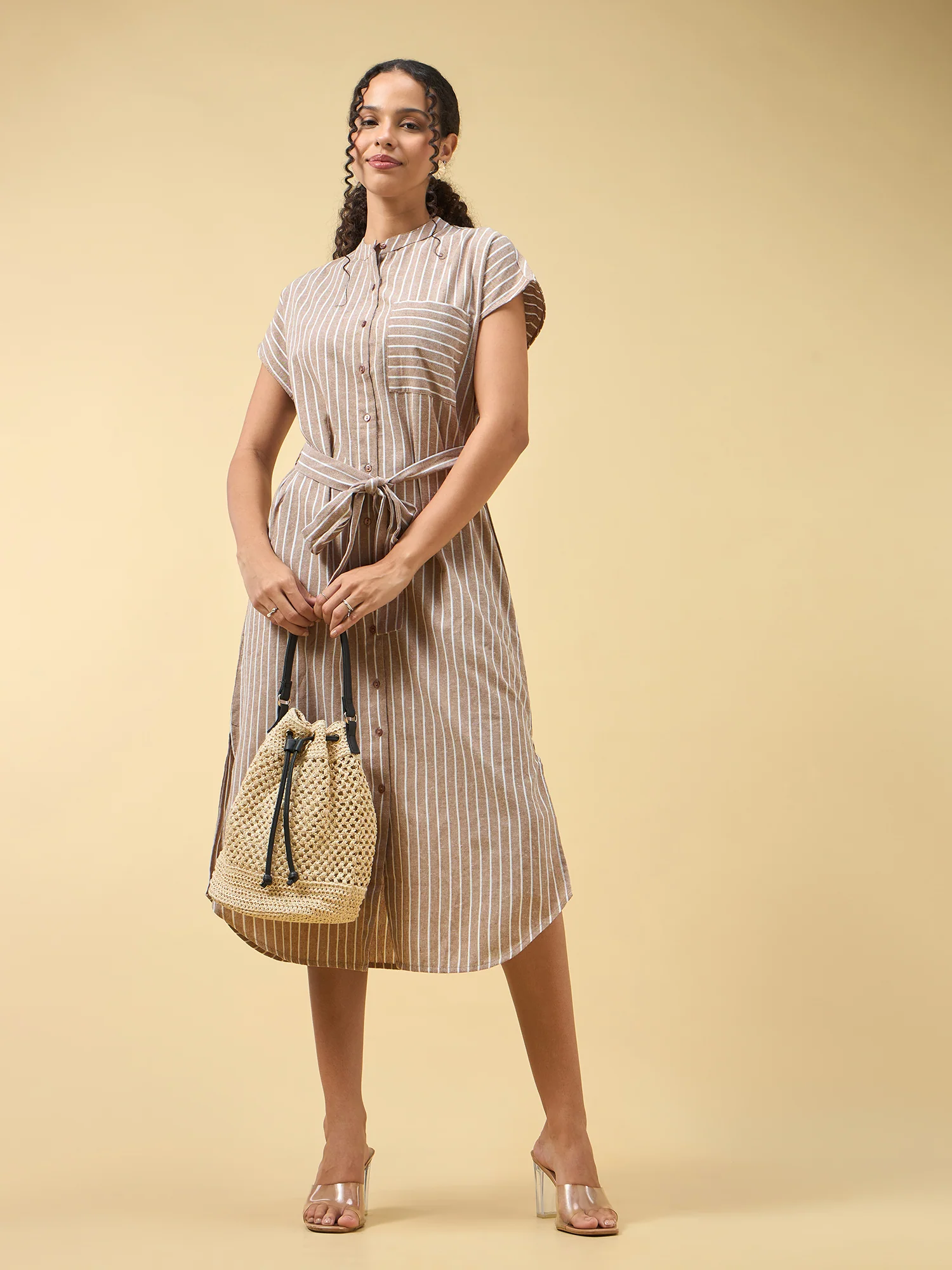 Beige Shirt Dress With Side Slits - Image 5
