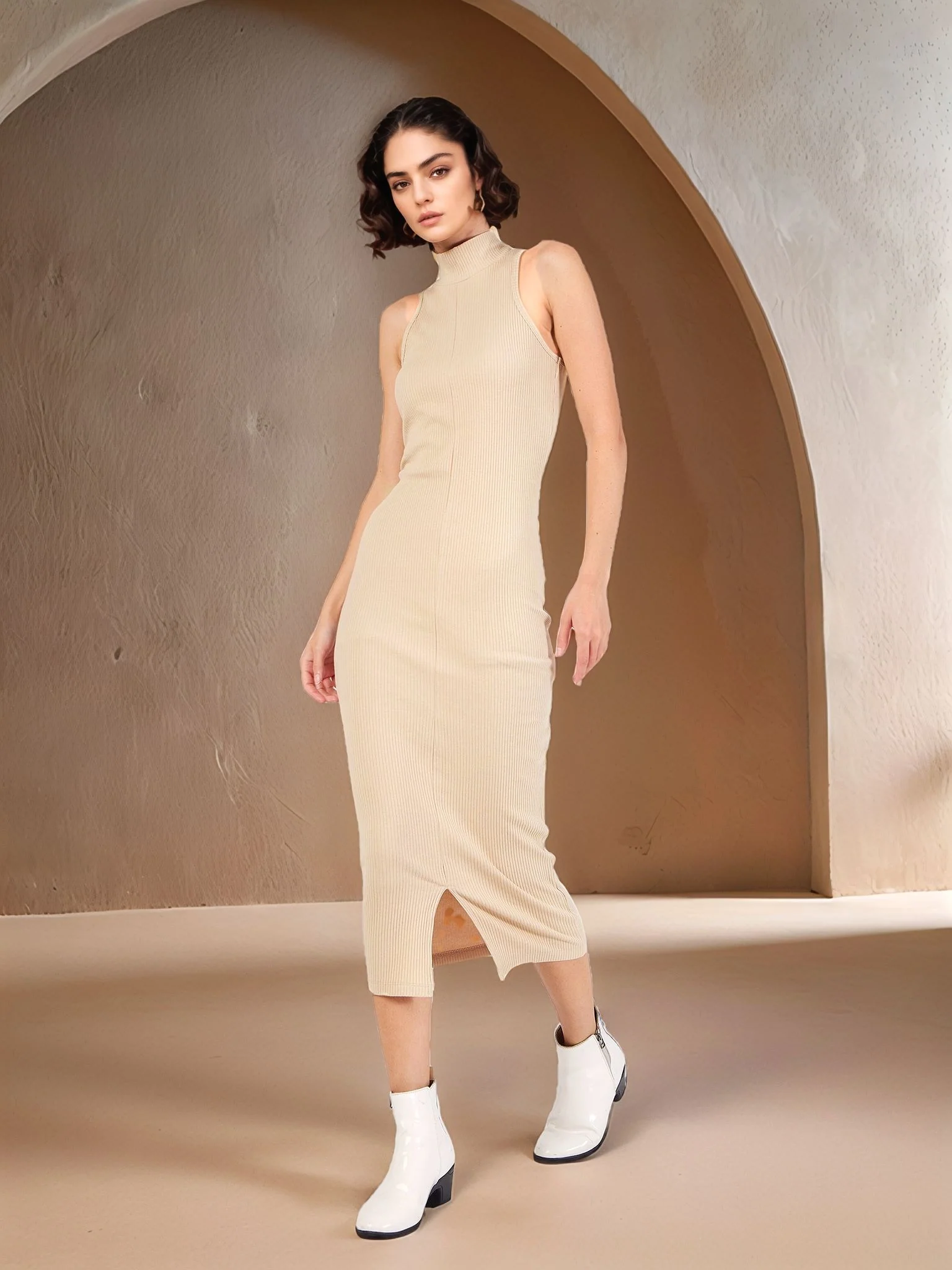 Beige Sleeveless High Neck Front Slit Dress