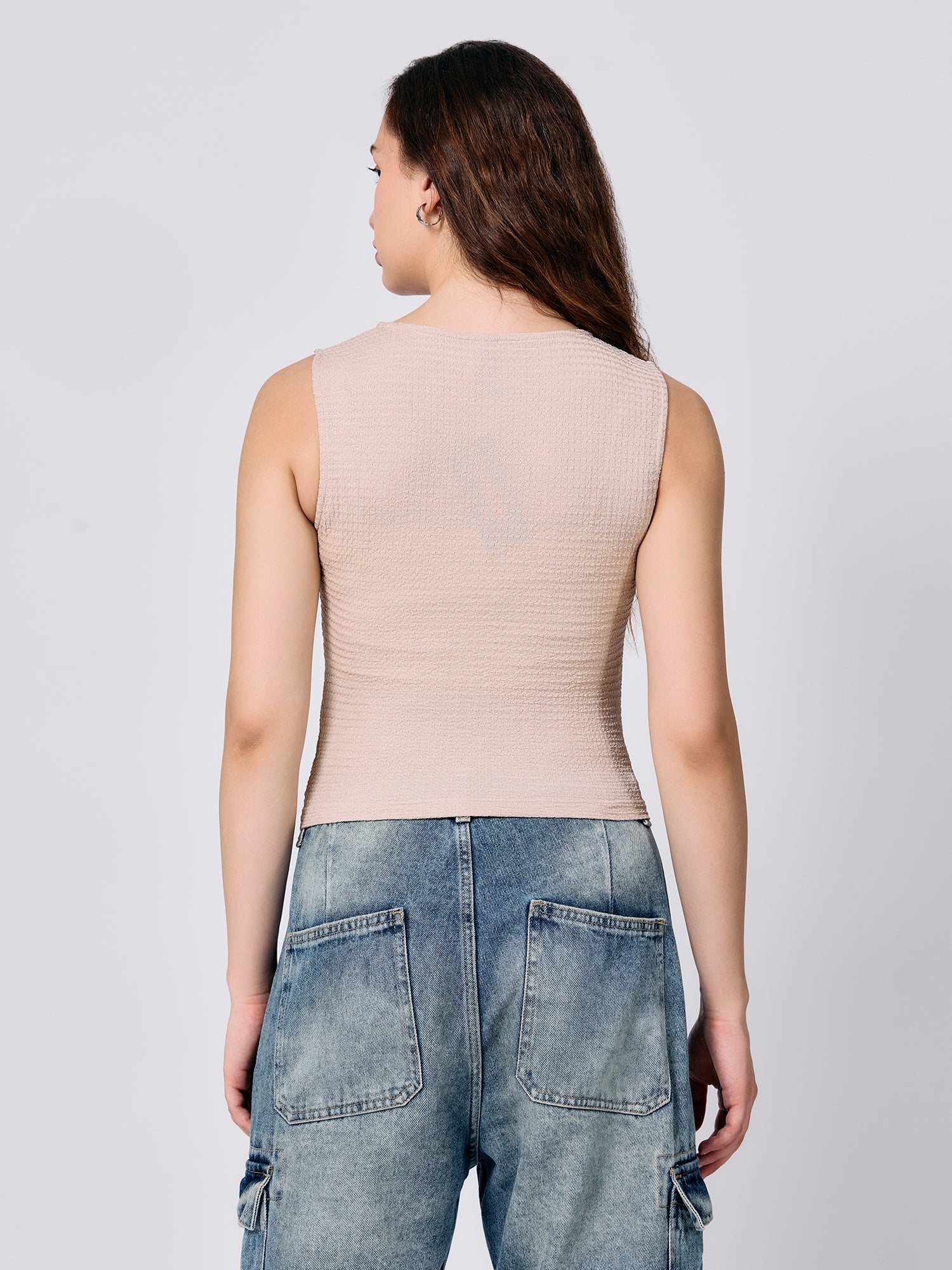 Beige Textured Assymetric Hem Tank - Image 2
