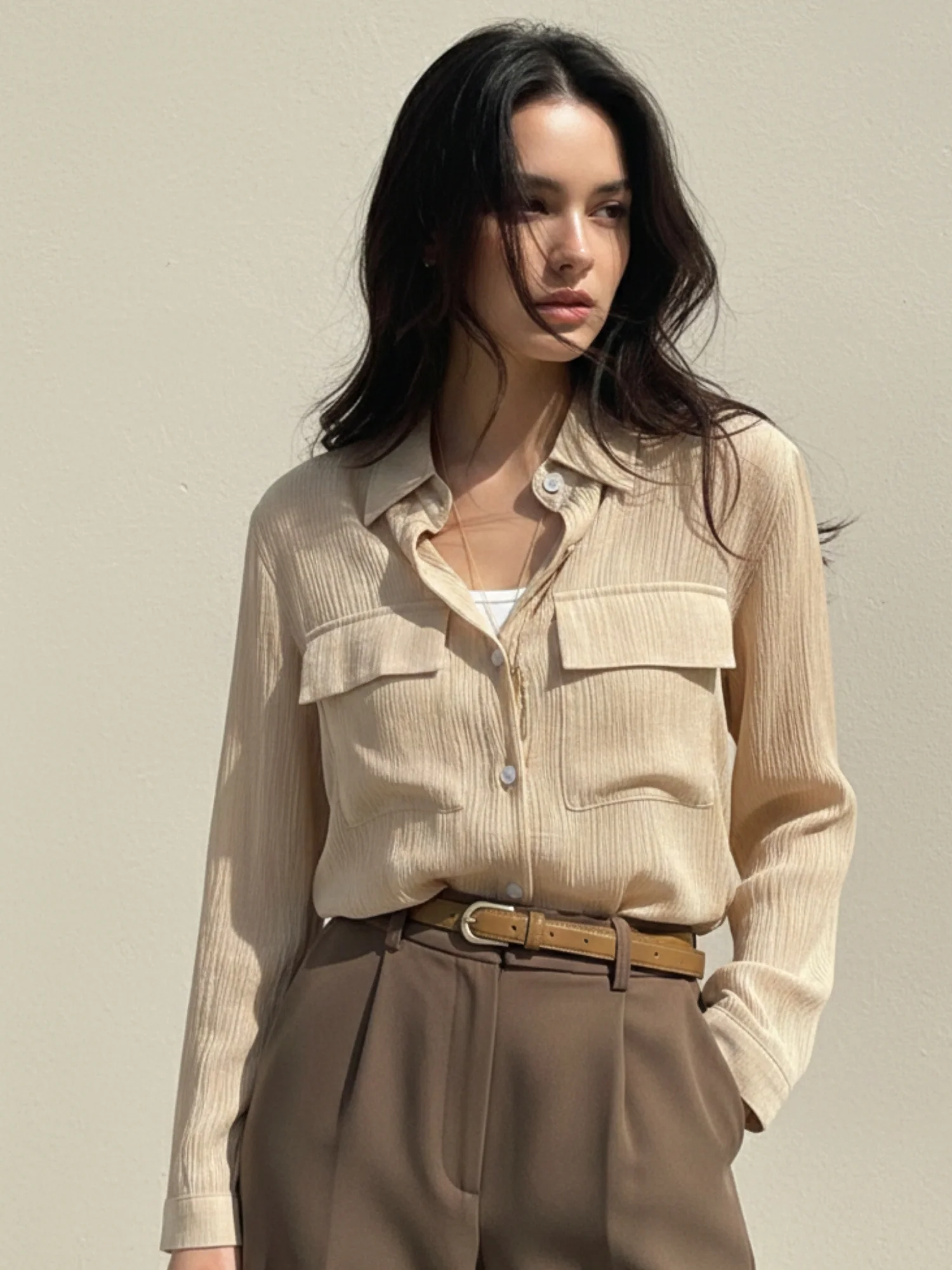 Beige Textured Double Pocket Shirt - Image 3