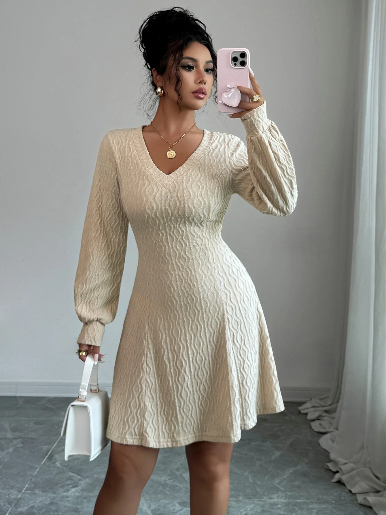 Beige Textured V Neck Mini Dress - Image 3