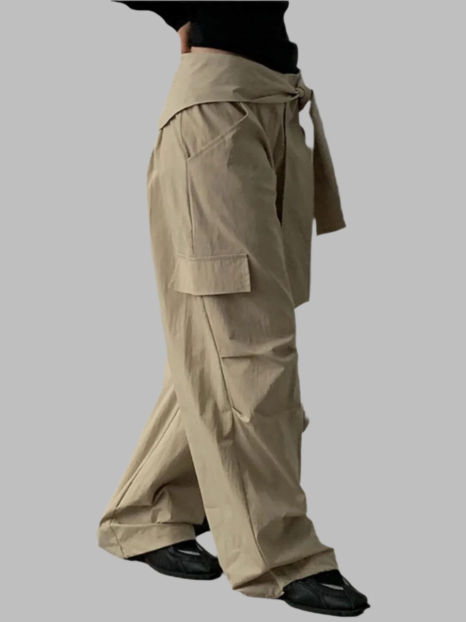 Beige Tie Up Parachute Pant - Image 2