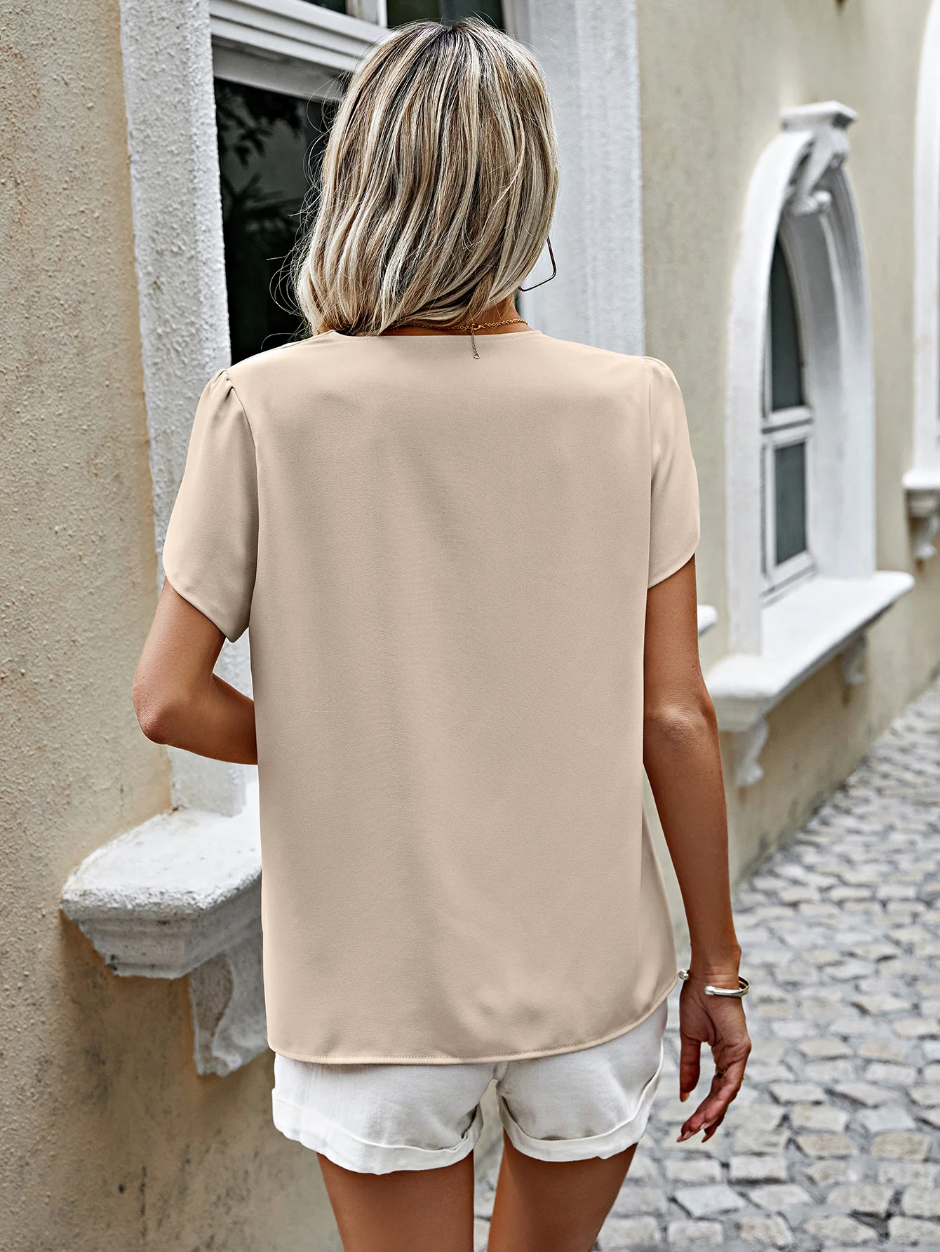 Beige V Neck Button Down Blouse - Image 2