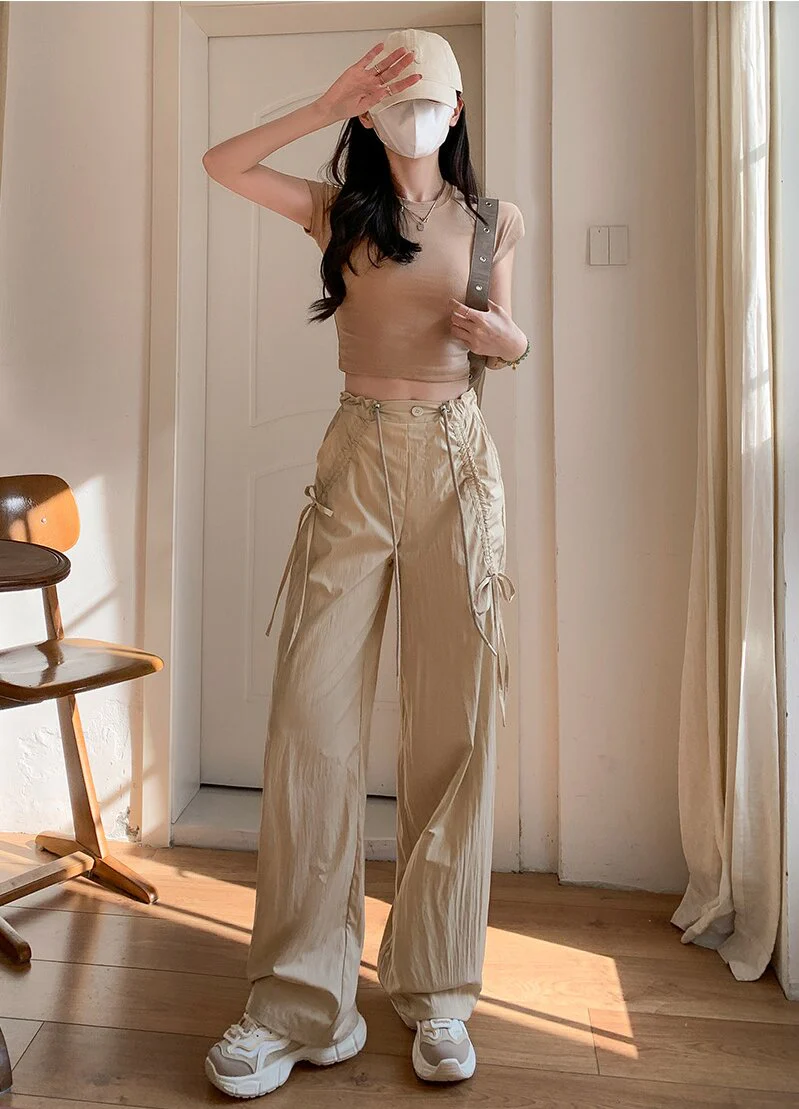 Beige Wide Leg Drawstring Parachute Pants - Image 3