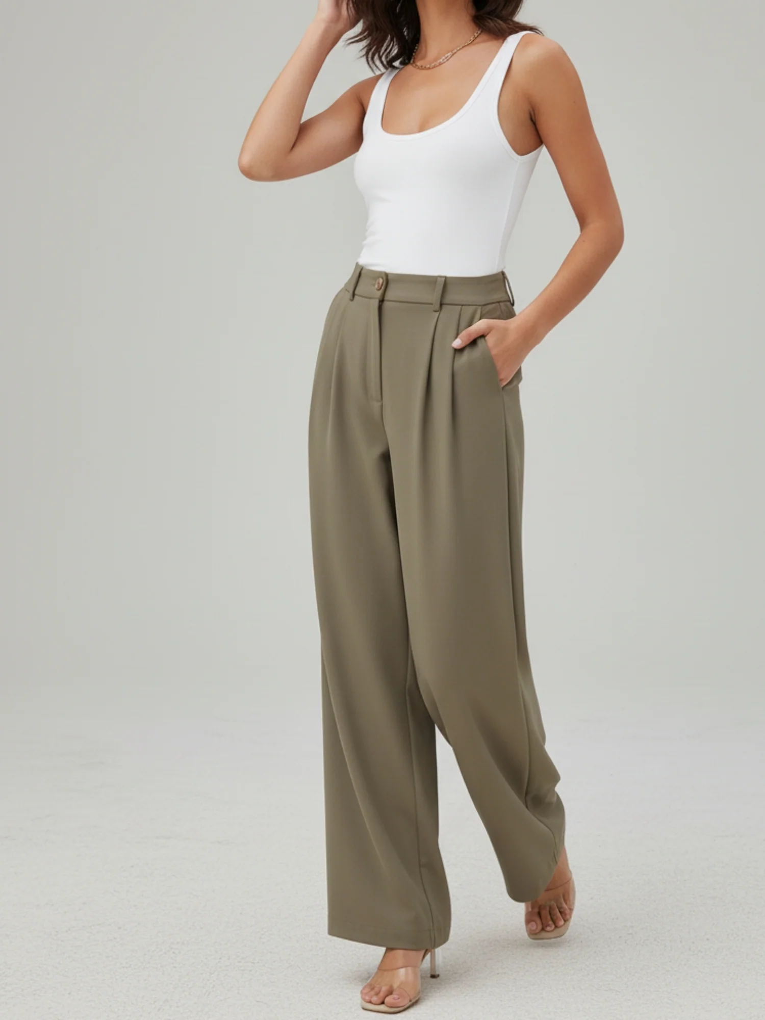 Beige Wide Leg Pleated Pants