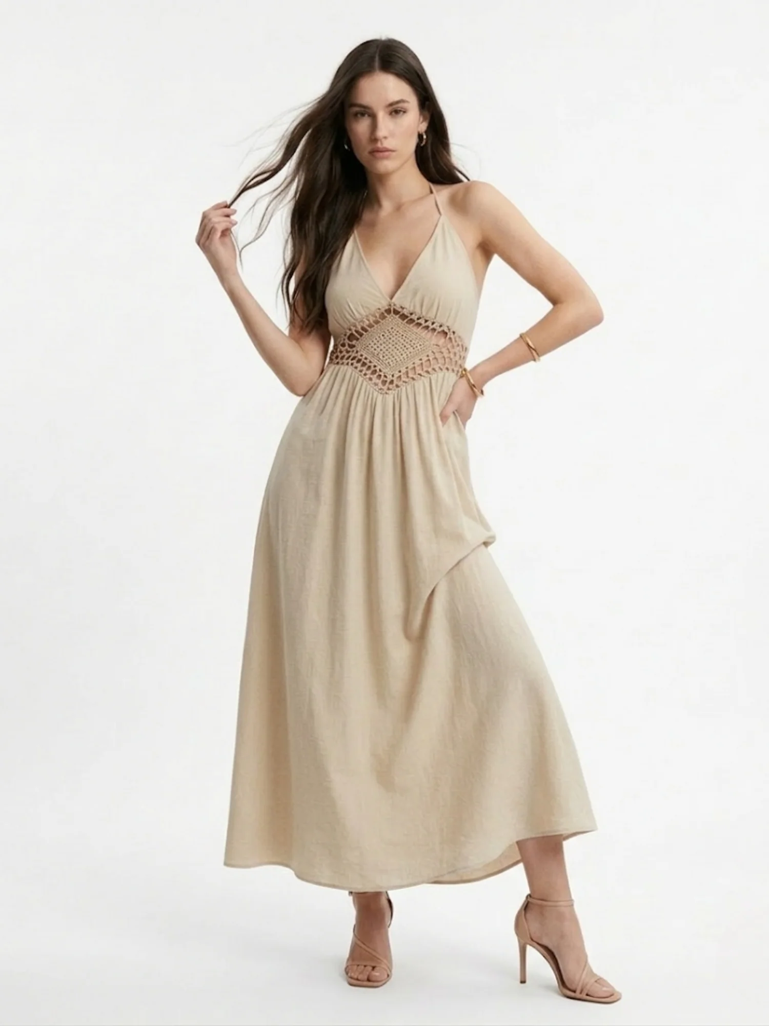 Biege Waist Detail Halter Neck Back Tie-Up Dress - Image 3