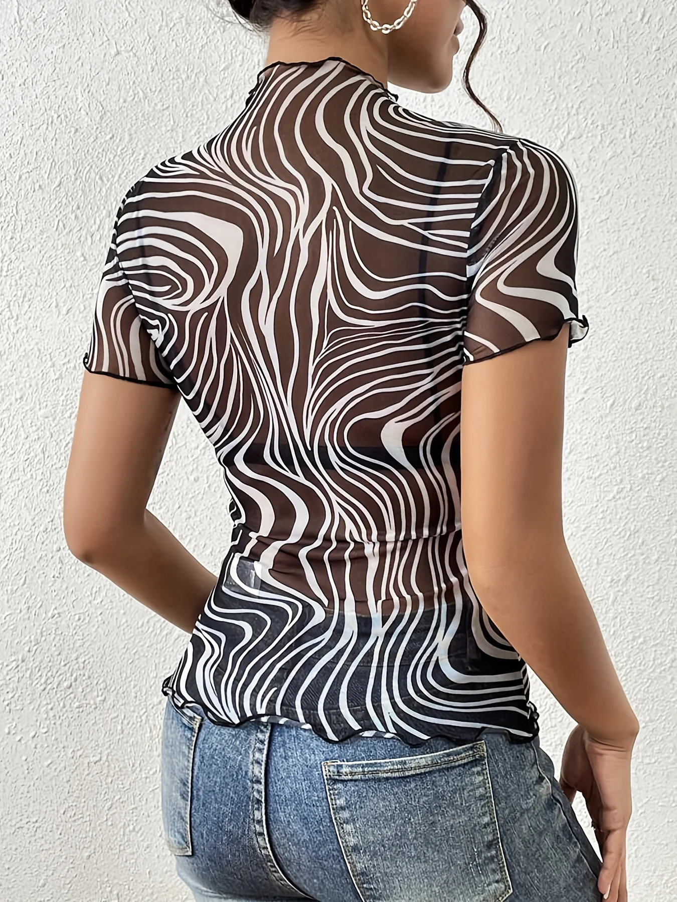 Black Abstract Print Semi Sheer Top - Image 2