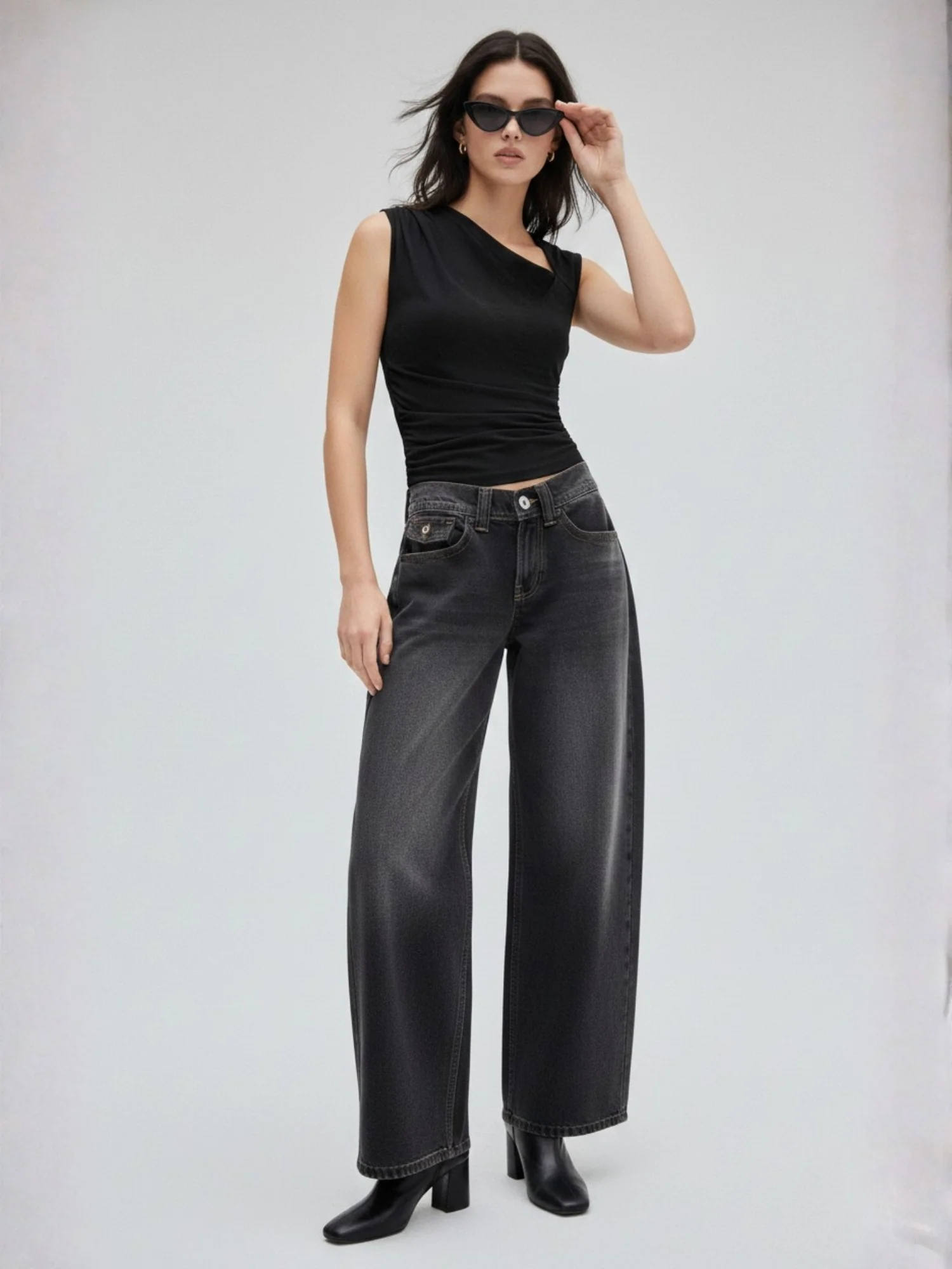 Black Asymmetric Neck With Side And Sleeve Ruching - Image 5