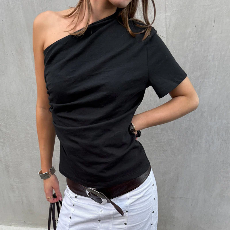 Black Asymmetrical One-Sleeve Top - Image 2