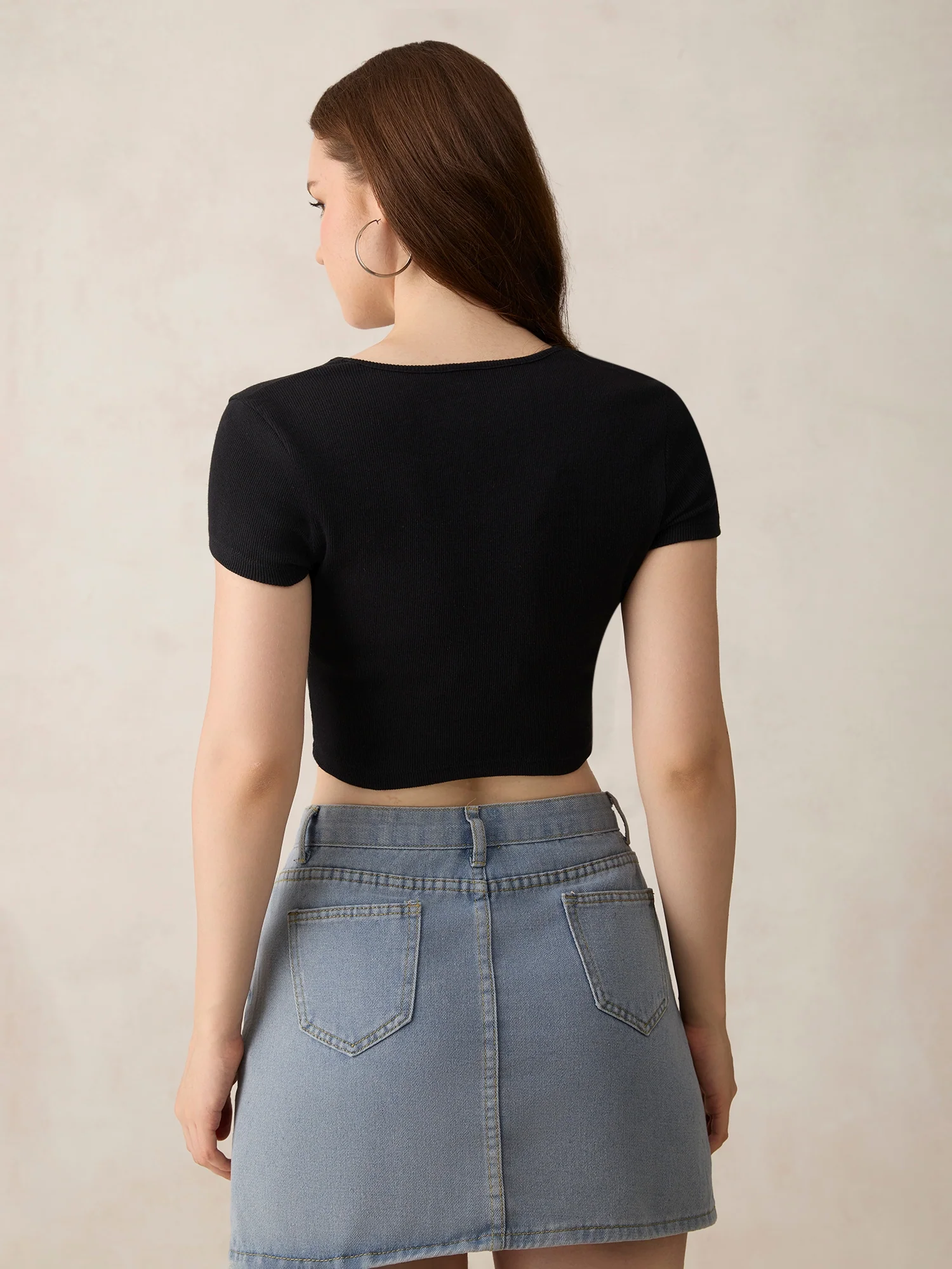 Black Basic Fitted V Neck Ribbed Top - Image 2