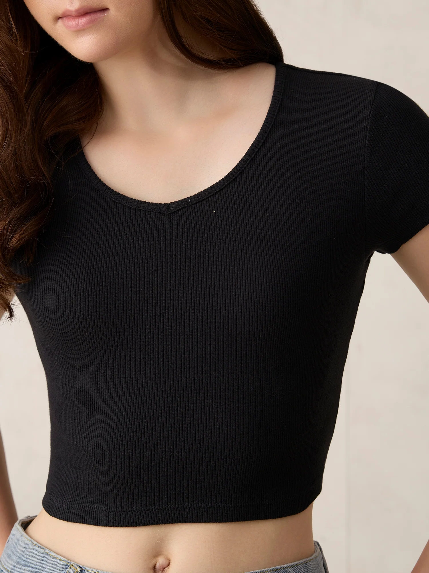 Black Basic Fitted V Neck Ribbed Top - Image 5