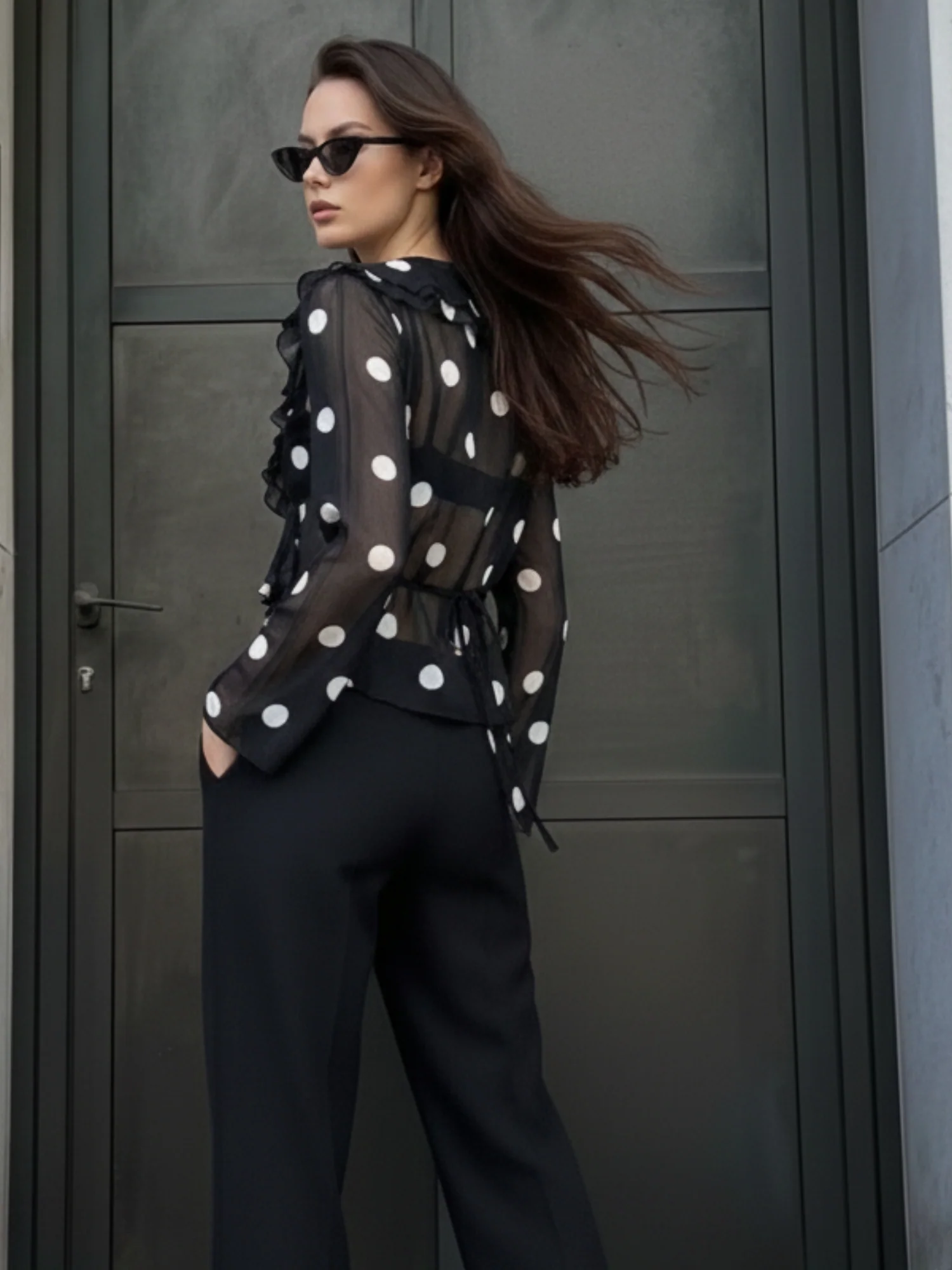 Black Bell Sleeve Polka Printed Top - Image 5