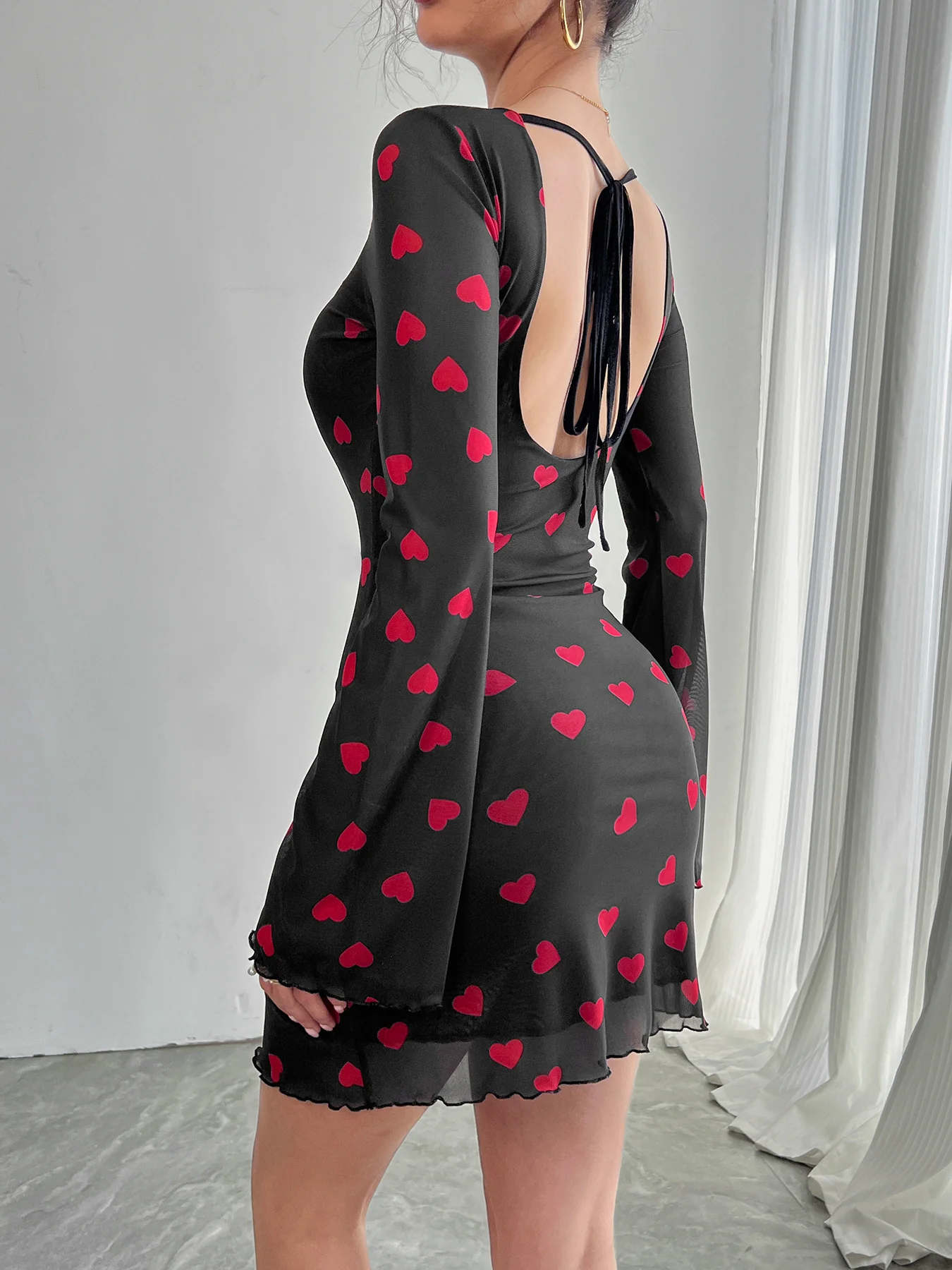 Black Bell Sleeve Printed Dress - Image 2