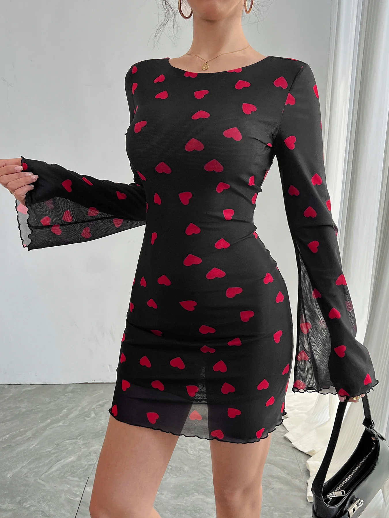 Black Bell Sleeve Printed Dress - Image 3