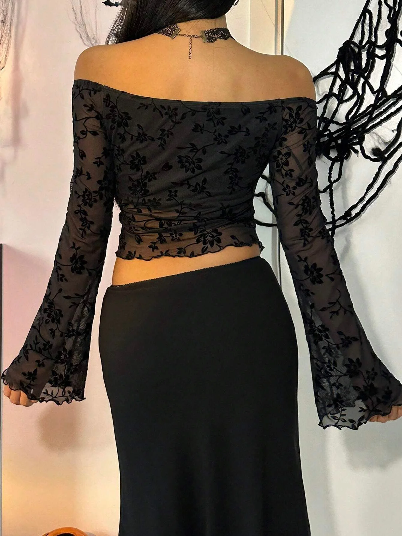 Black Bell Sleeve Semi Sheer Asymmetrical Top - Image 2