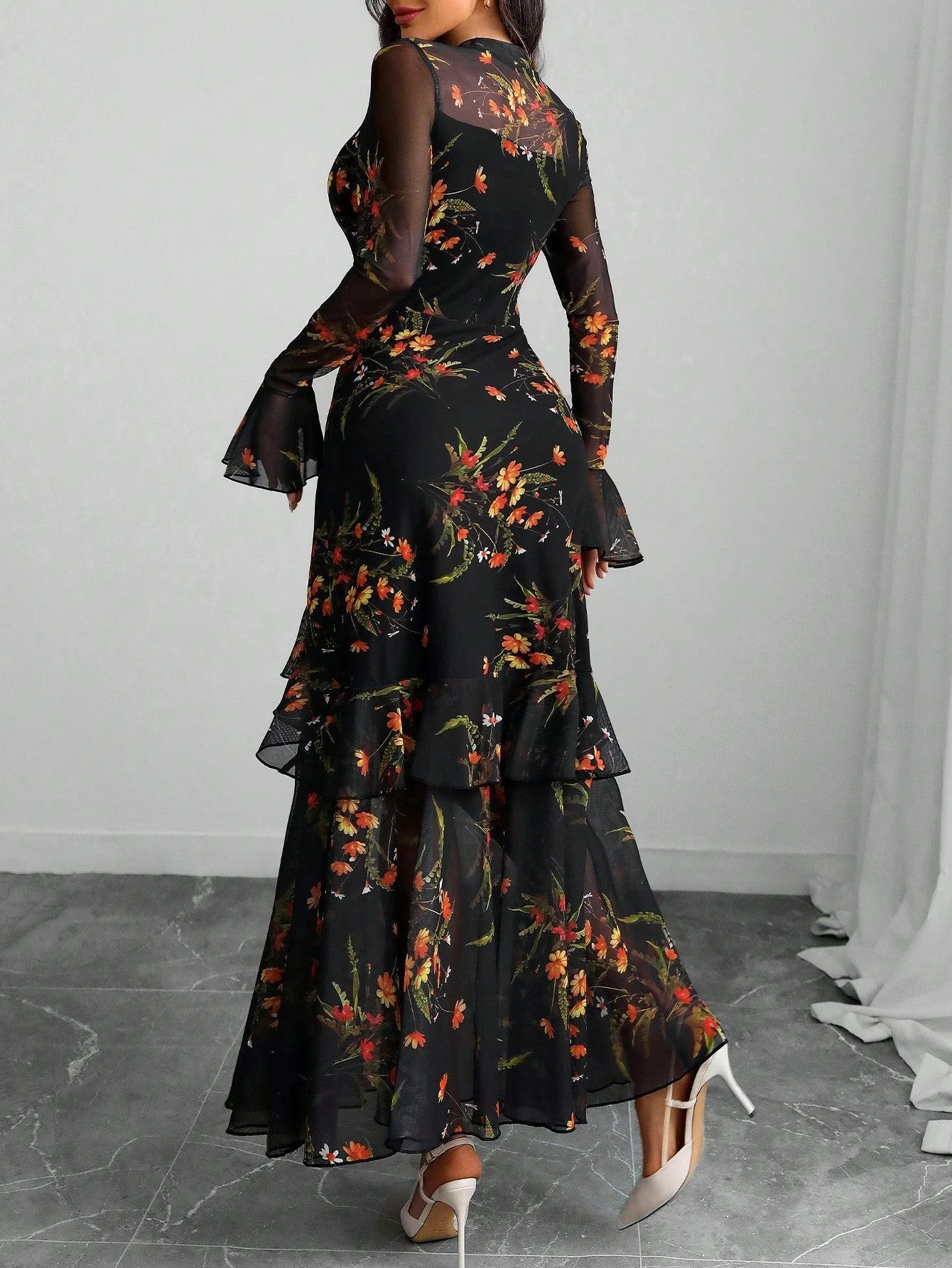 Black Bell Sleeves Printed Tiered Dress - Image 2