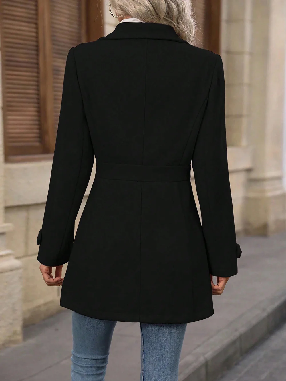 Black Big Collar Full Sleeve Long Belted Buttoned Coat - Image 2